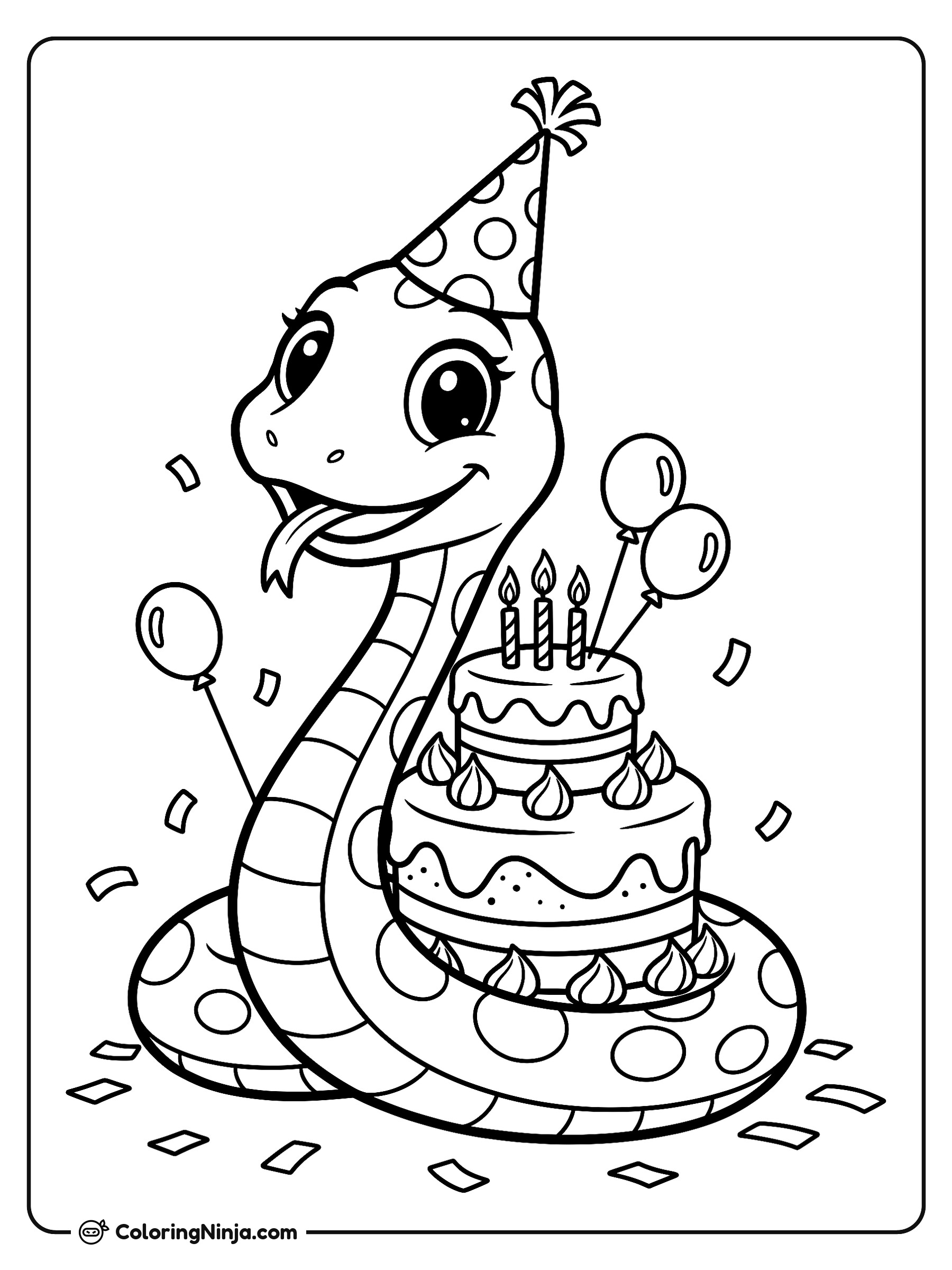 Serpiente festiva celebra un cumpleaños: dibujo para colorear