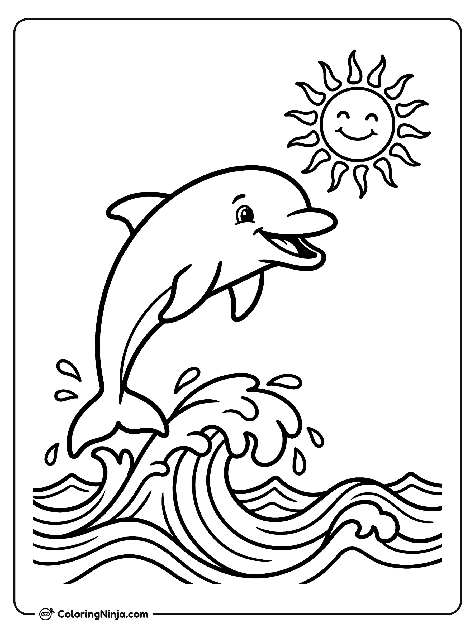 Un delfín saltando en el océano, dibujo para colorear: Un alegre delfín salta sobre las olas del mar bajo un sol sonriente. Gotas de agua salpican a su alrededor mientras la criatura marina se arquea en el aire.