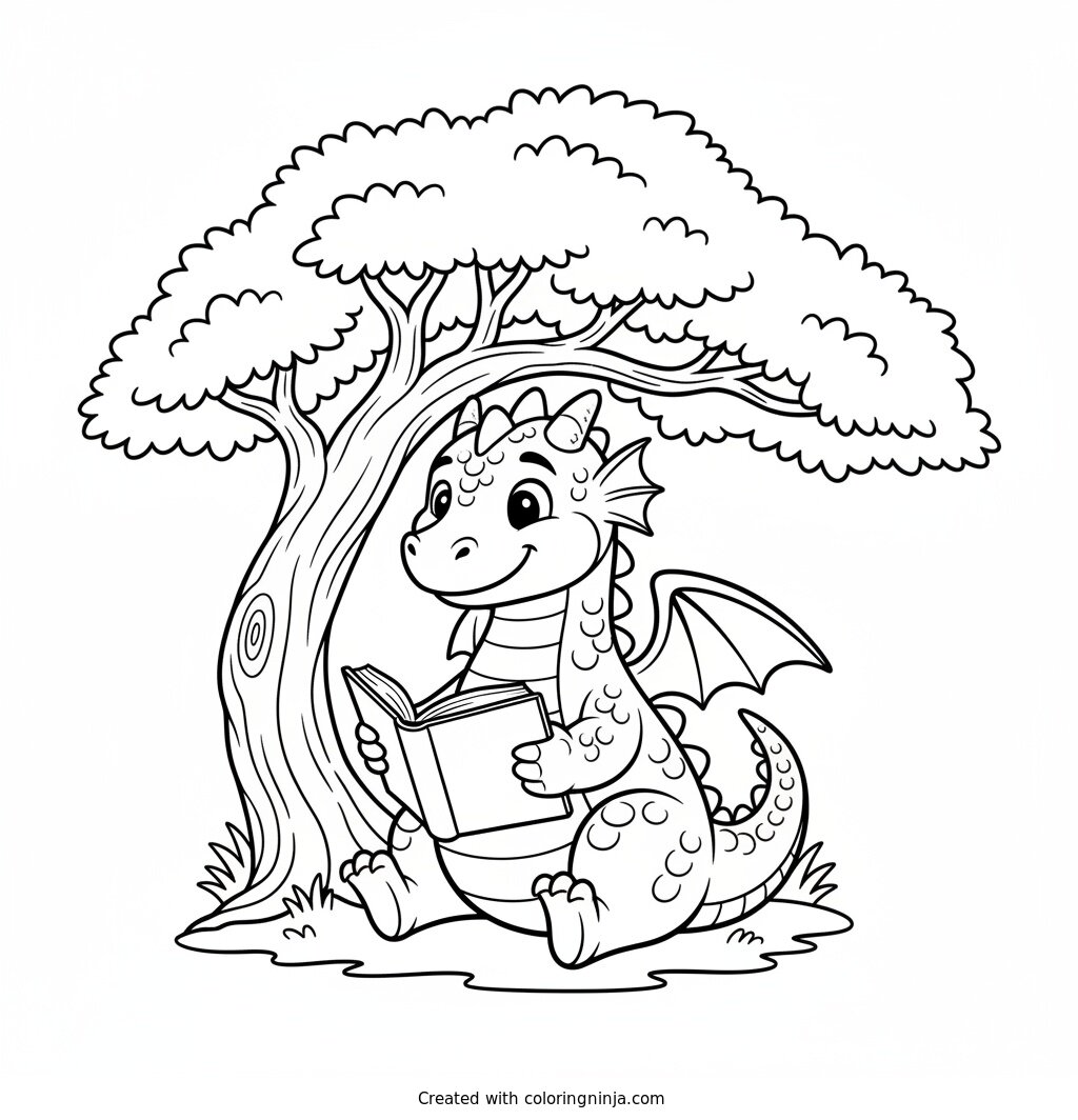 A Friendly Dragon Reading a Book under a Tree Coloring Page