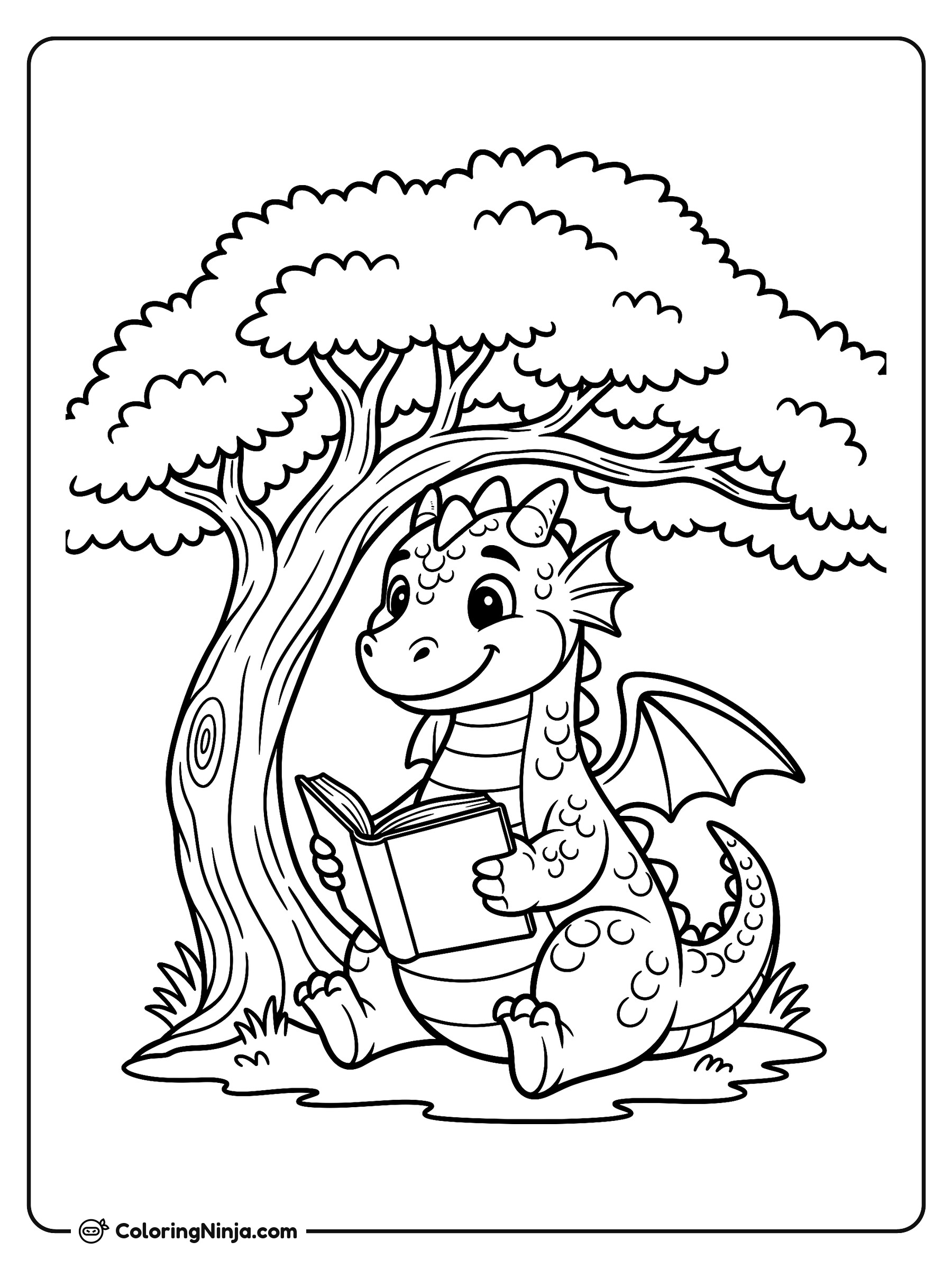 Un Dragón Amigable Leyendo bajo un Árbol: dibujo para colorear