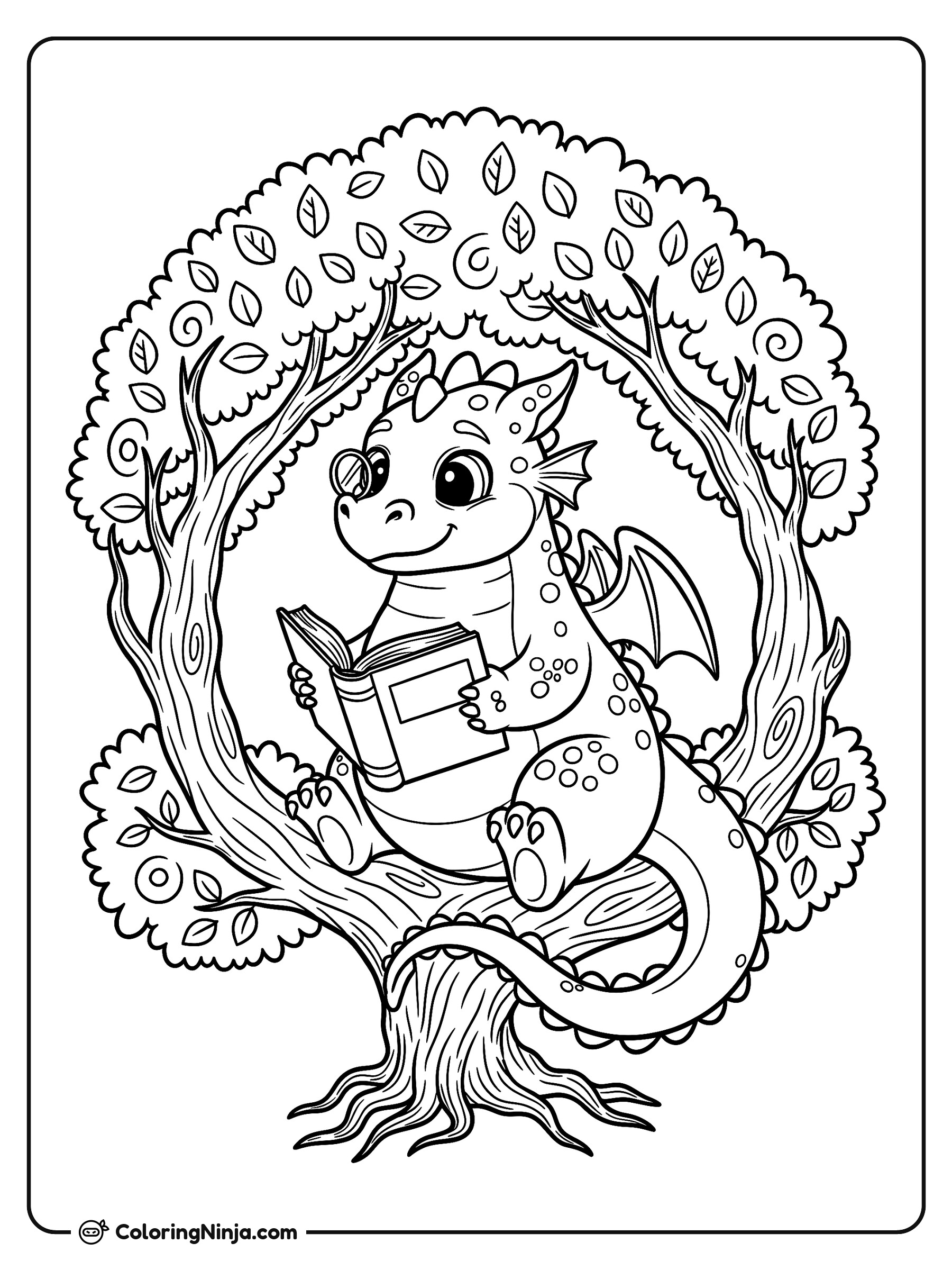 Un dragón amigable leyendo un libro: dibujo para colorear