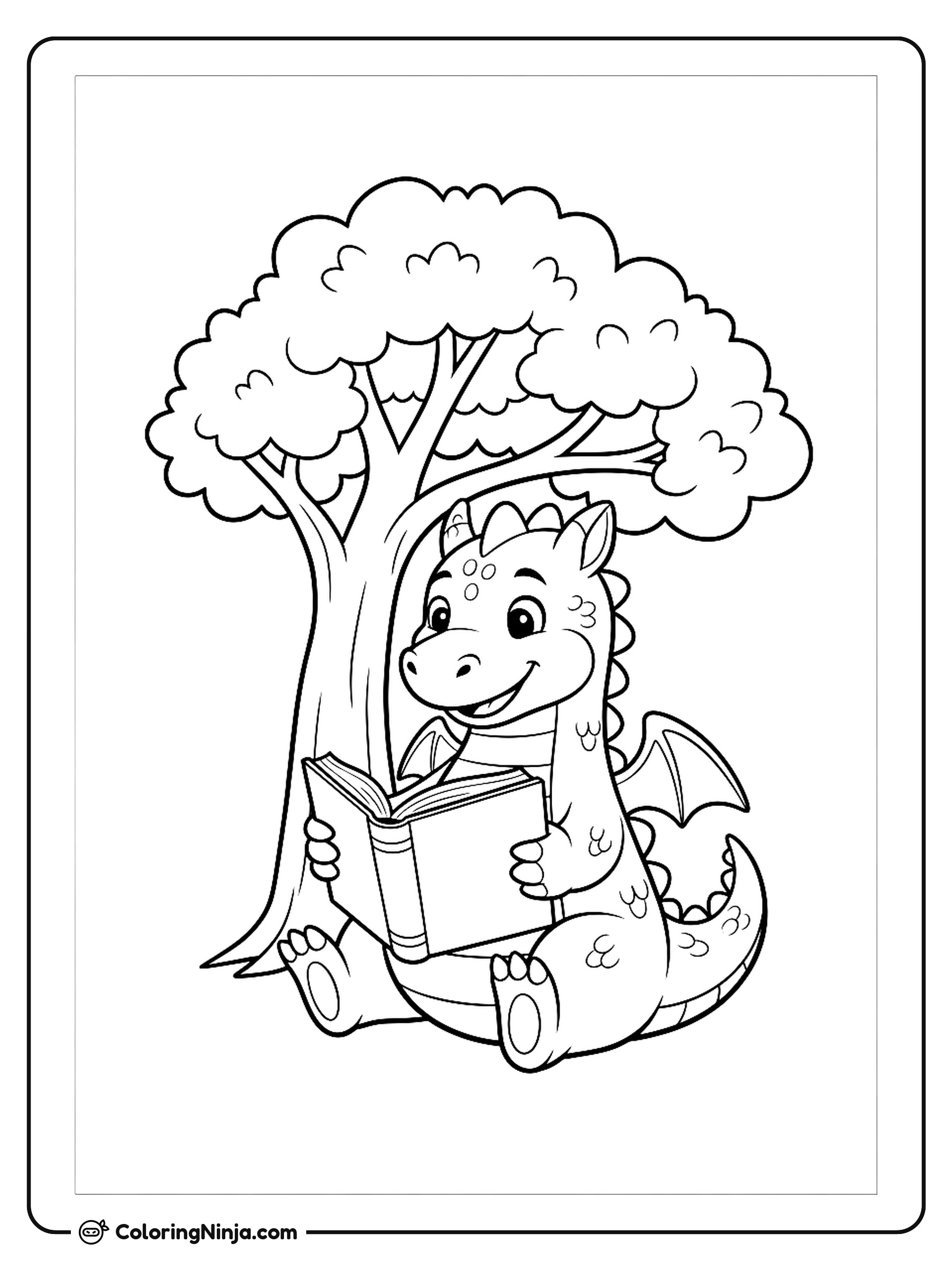 A Friendly Dragon Reading A Book Under A Tree Sitting Down with Open Storybook Coloring Page