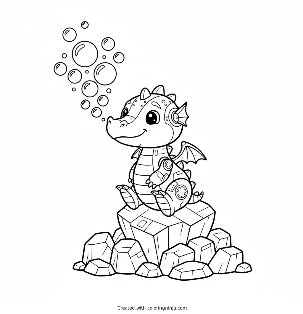 Friendly Bubble Breathing Robot Dragon Coloring Page