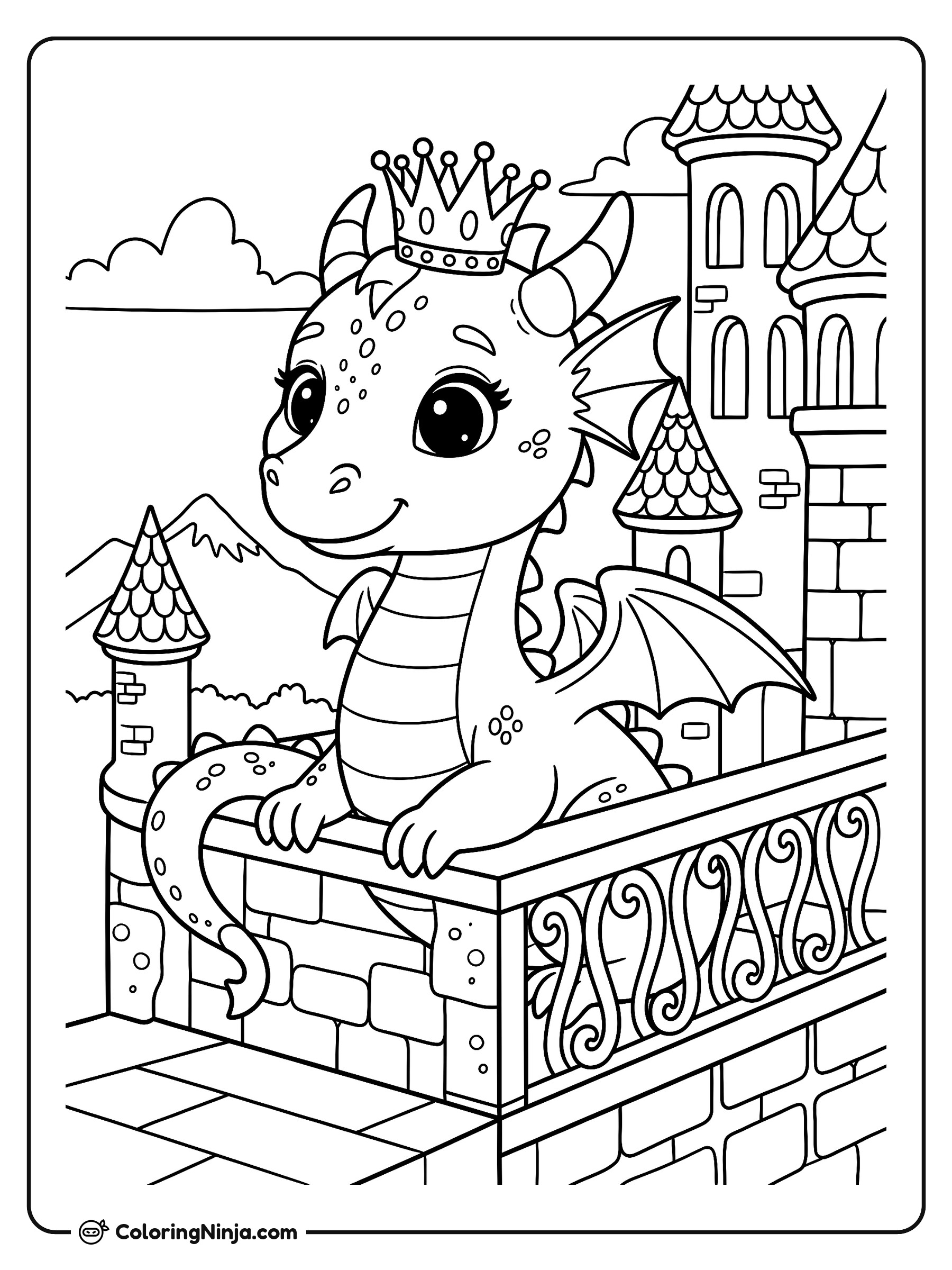 El dragón real del castillo: dibujo para colorear