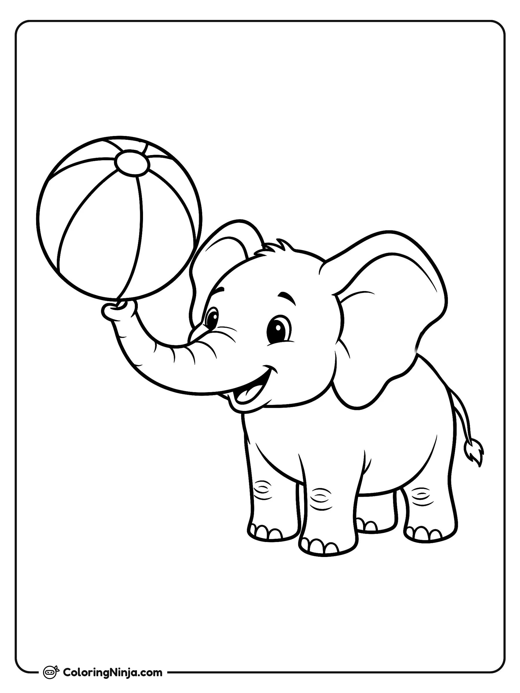 Elefantito juguetón con pelota de playa, dibujo para colorear: Un alegre elefantito sostiene una pelota de playa a rayas en la punta de su trompa con una gran sonrisa.