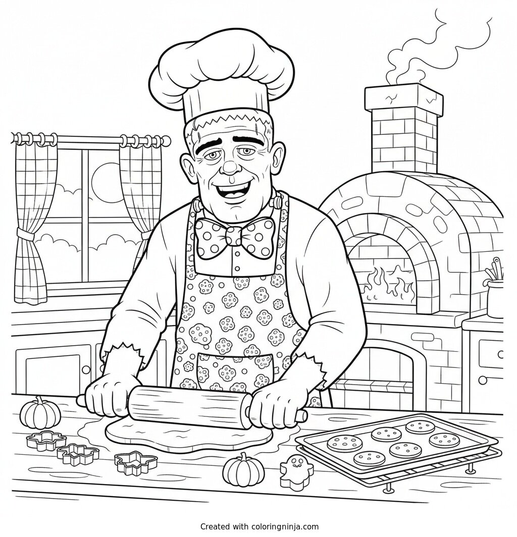 Baking Treats with Frankenstein Coloring Page
