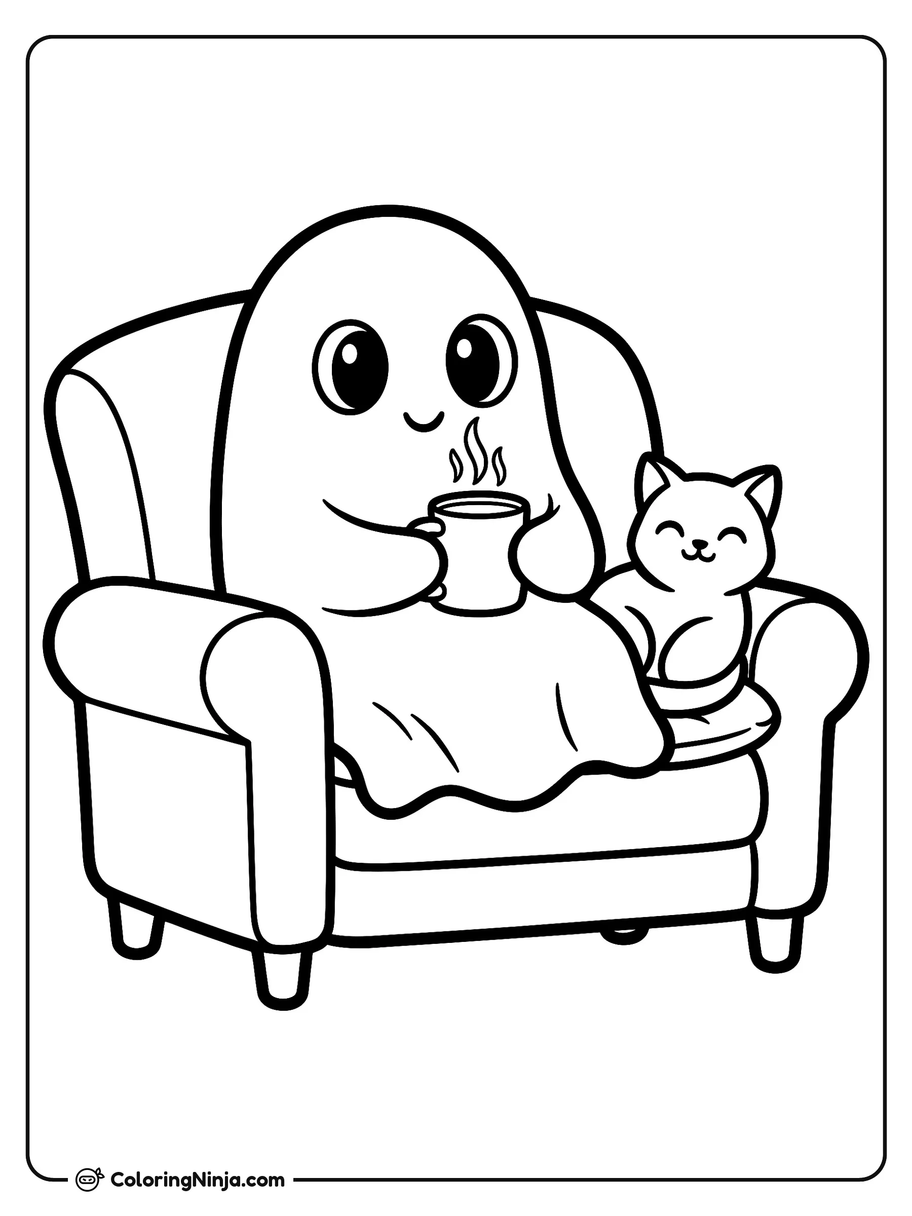 Amigable fantasmita en un sillón, dibujo para colorear: Un amigable fantasmita descansa cómodo en un gran sillón mientras sostiene una taza caliente y se cobija con una manta.