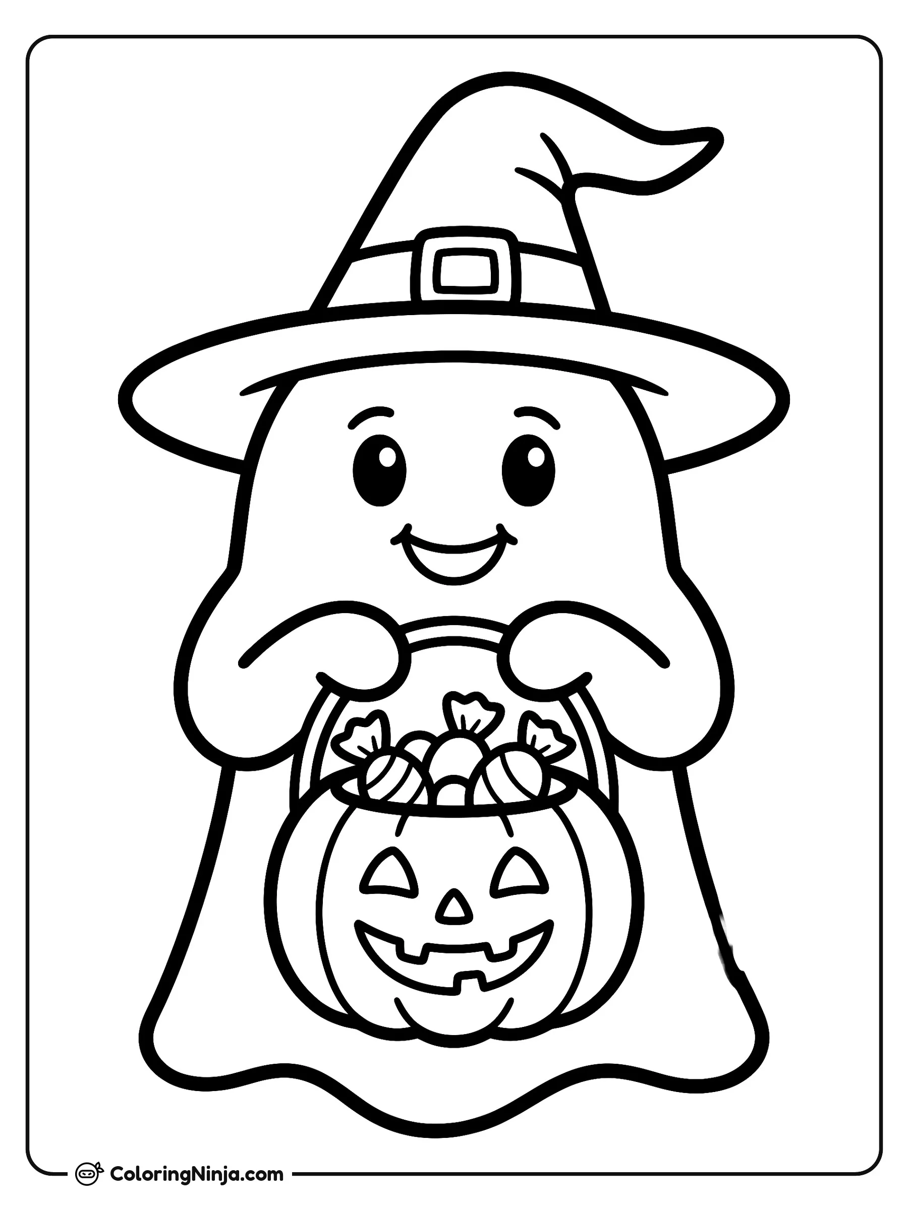 El fantasmita amigable con sombrero, dibujo para colorear: Un alegre fantasma flota en el centro con un sombrero puntiagudo de bruja. Lleva una cubeta de calabaza llena de dulces envueltos para celebrar Halloween.