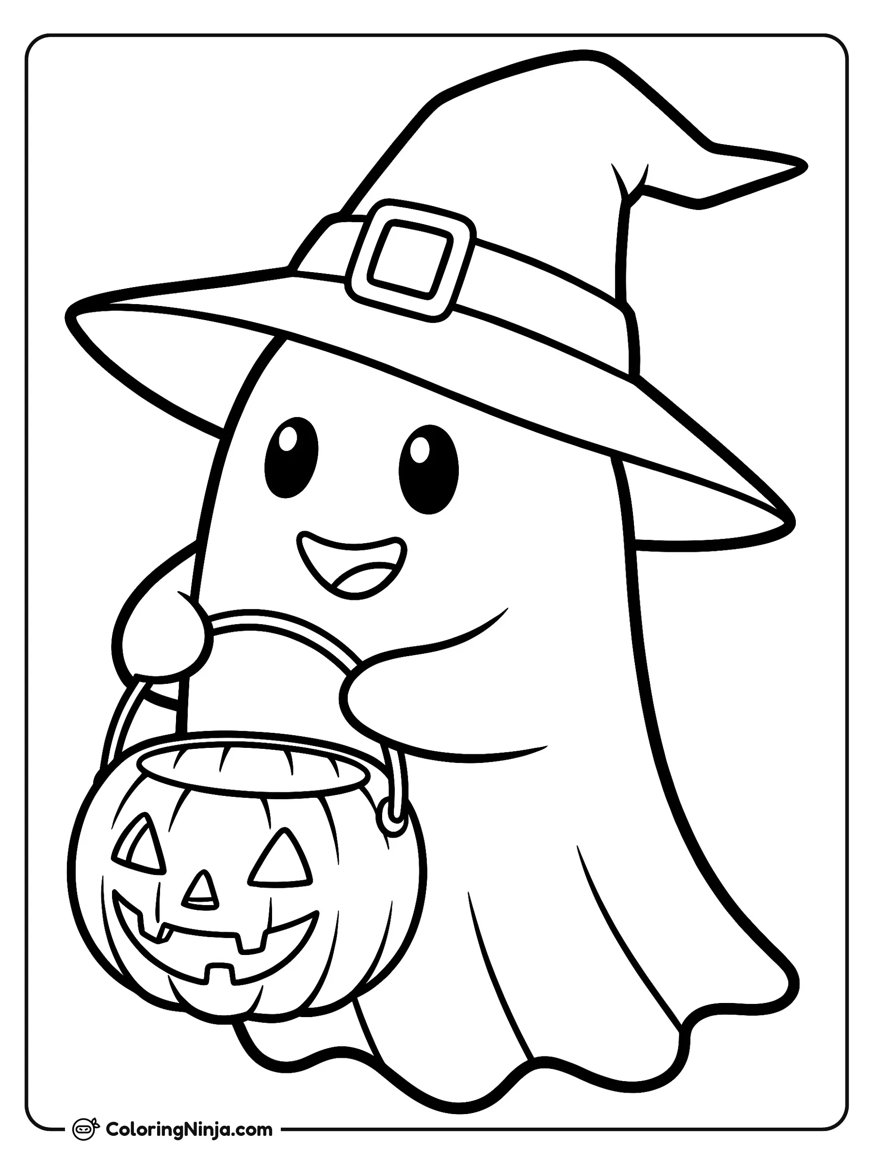 El fantasmita amigable con sombrero, dibujo para colorear: Un pequeño fantasma sonríe alegremente mientras lleva un sombrero alto de bruja y sostiene una cubeta de calabaza.