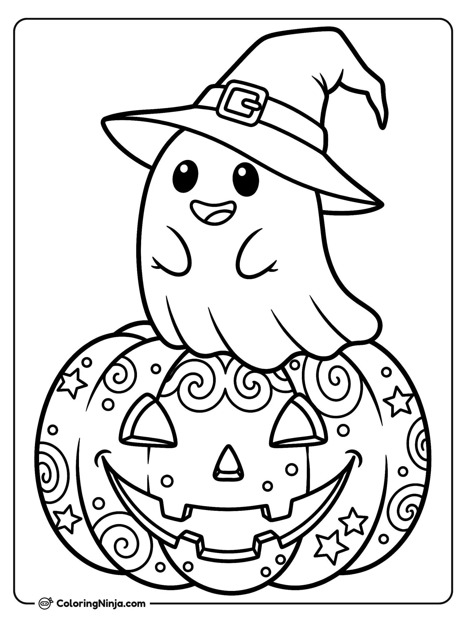 Fantasma amigable con sombrero de bruja, dibujo para colorear: Un pequeño fantasma alegre con un sombrero de bruja descansa sobre una gran calabaza de Halloween. La calabaza está decorada con divertidas espirales, estrellas y puntos.