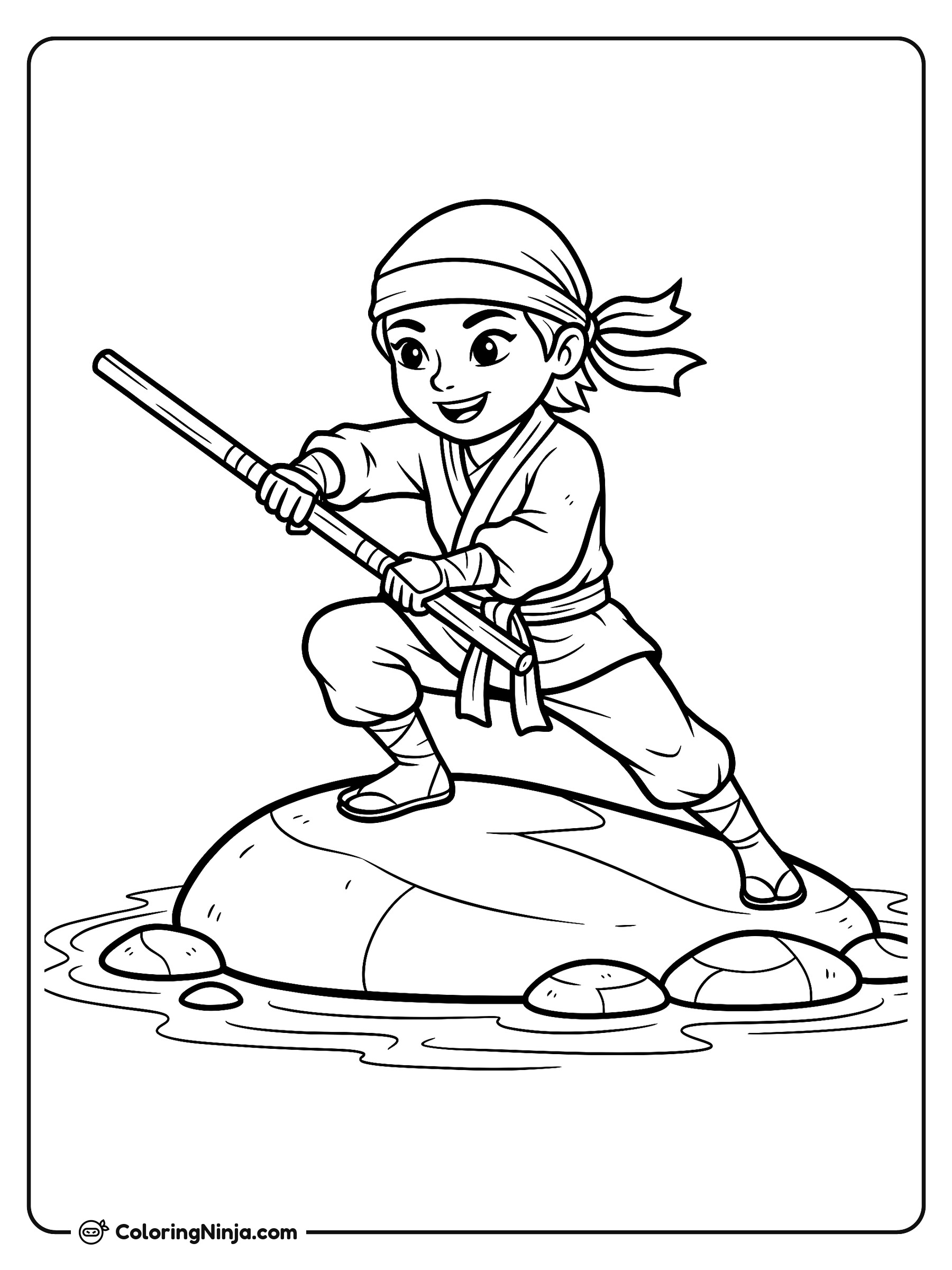 Práctica de artes marciales sobre una piedra: dibujo para colorear