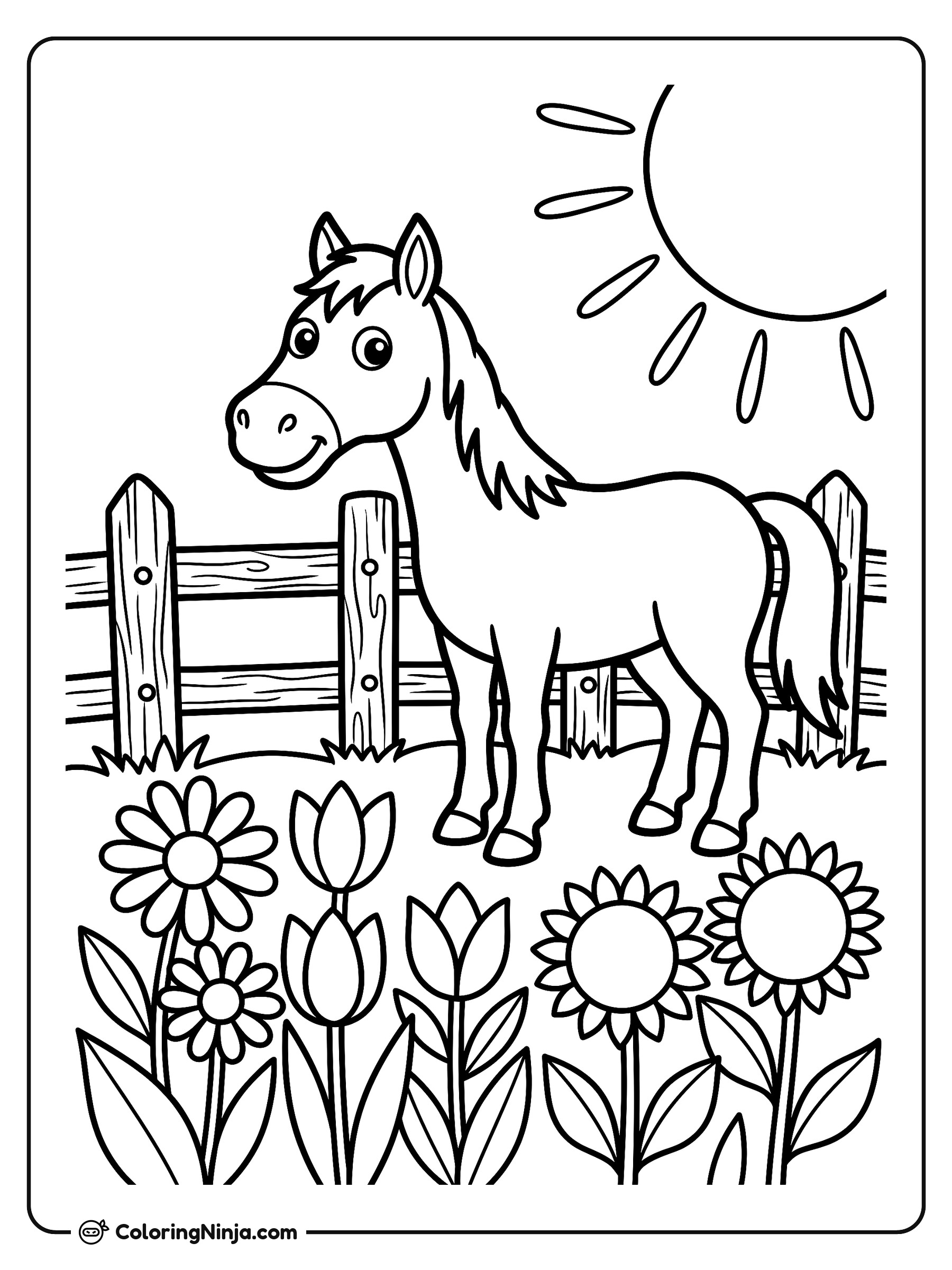 Un caballo amigable en el prado: dibujo para colorear