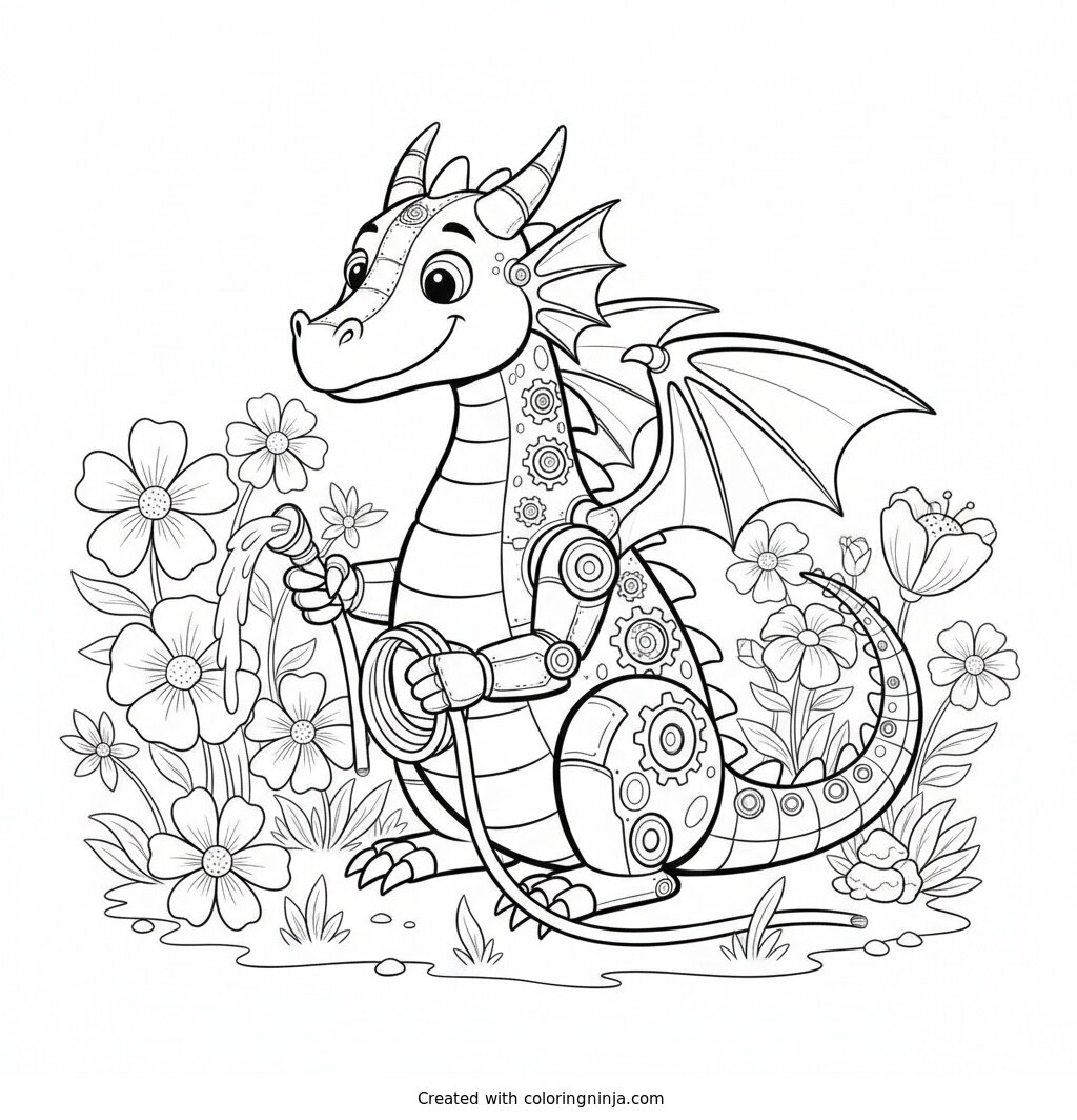 Friendly Metal Dragon In Meadow Coloring Page