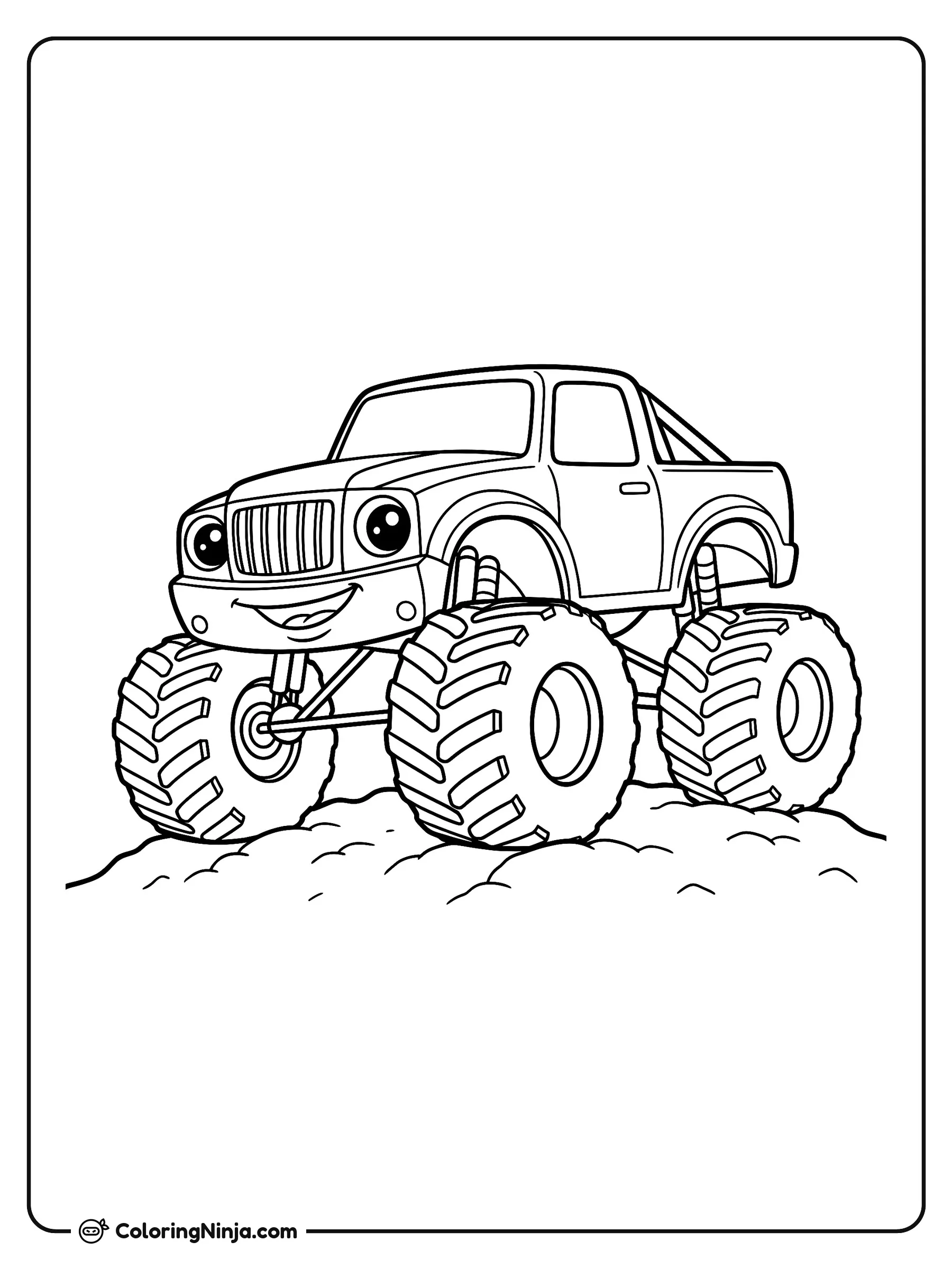 Camión monstruo sonriente de saltos, dibujo para colorear: Un divertido camión monstruo con una gran sonrisa y ojos amigables descansa sobre un pequeño montón de tierra.