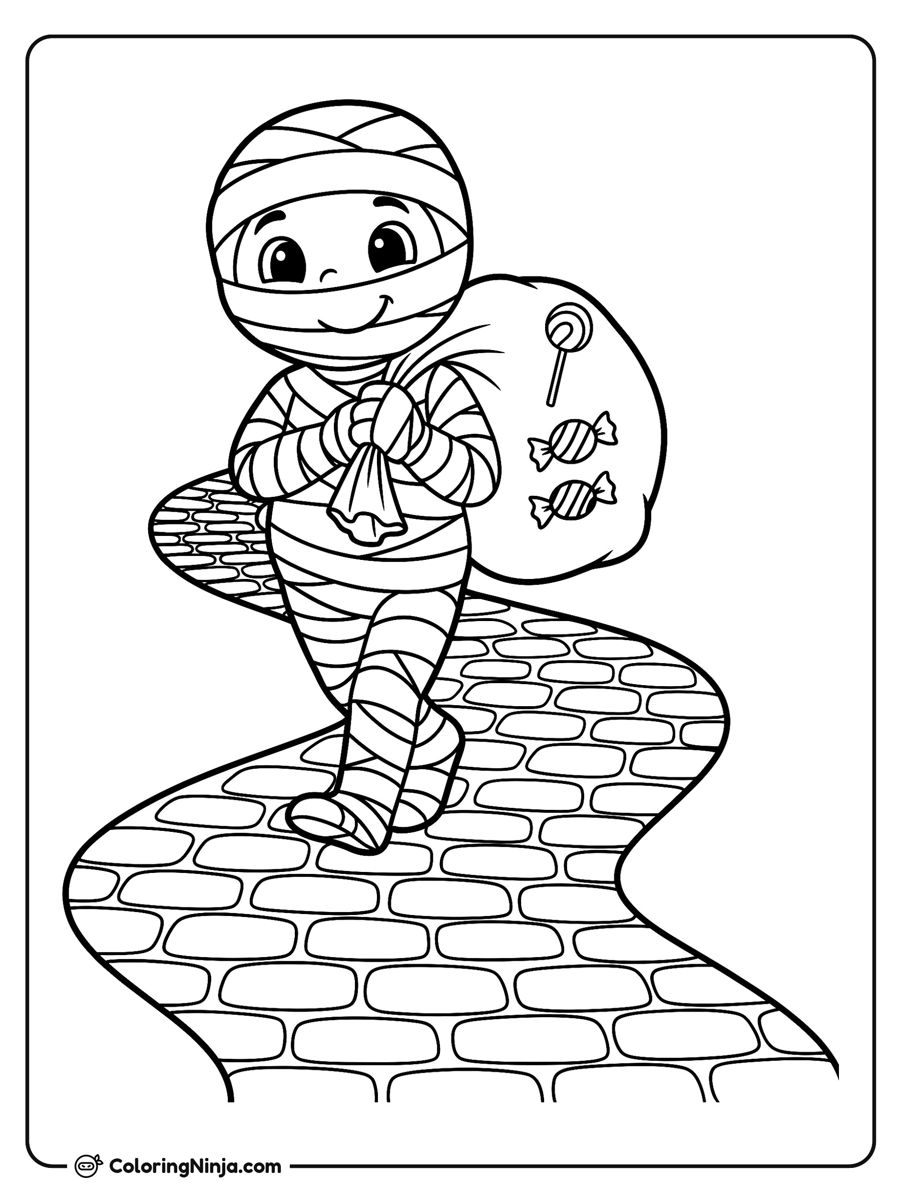 Una momia sonriente en el camino: dibujo para colorear