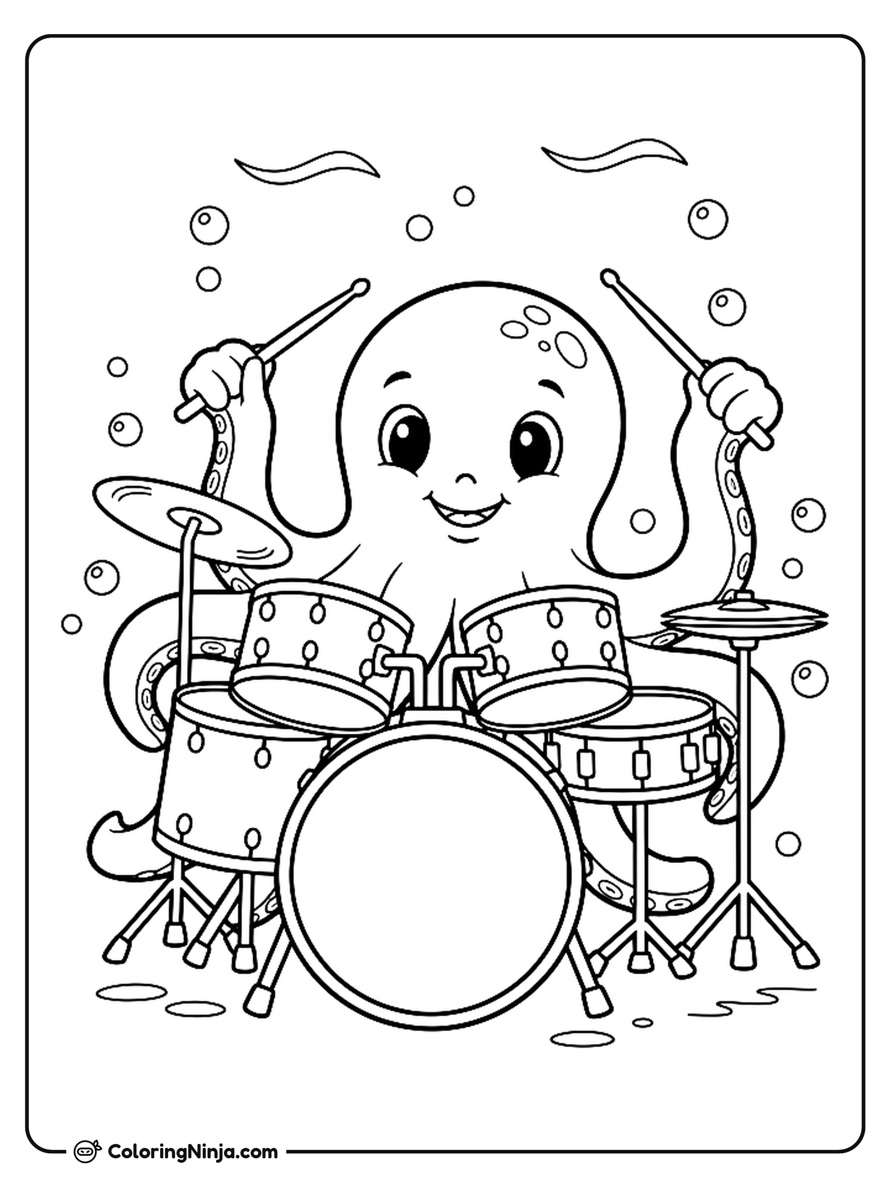 A Friendly Octopus Playing Drums Under The Sea Coloring Page
