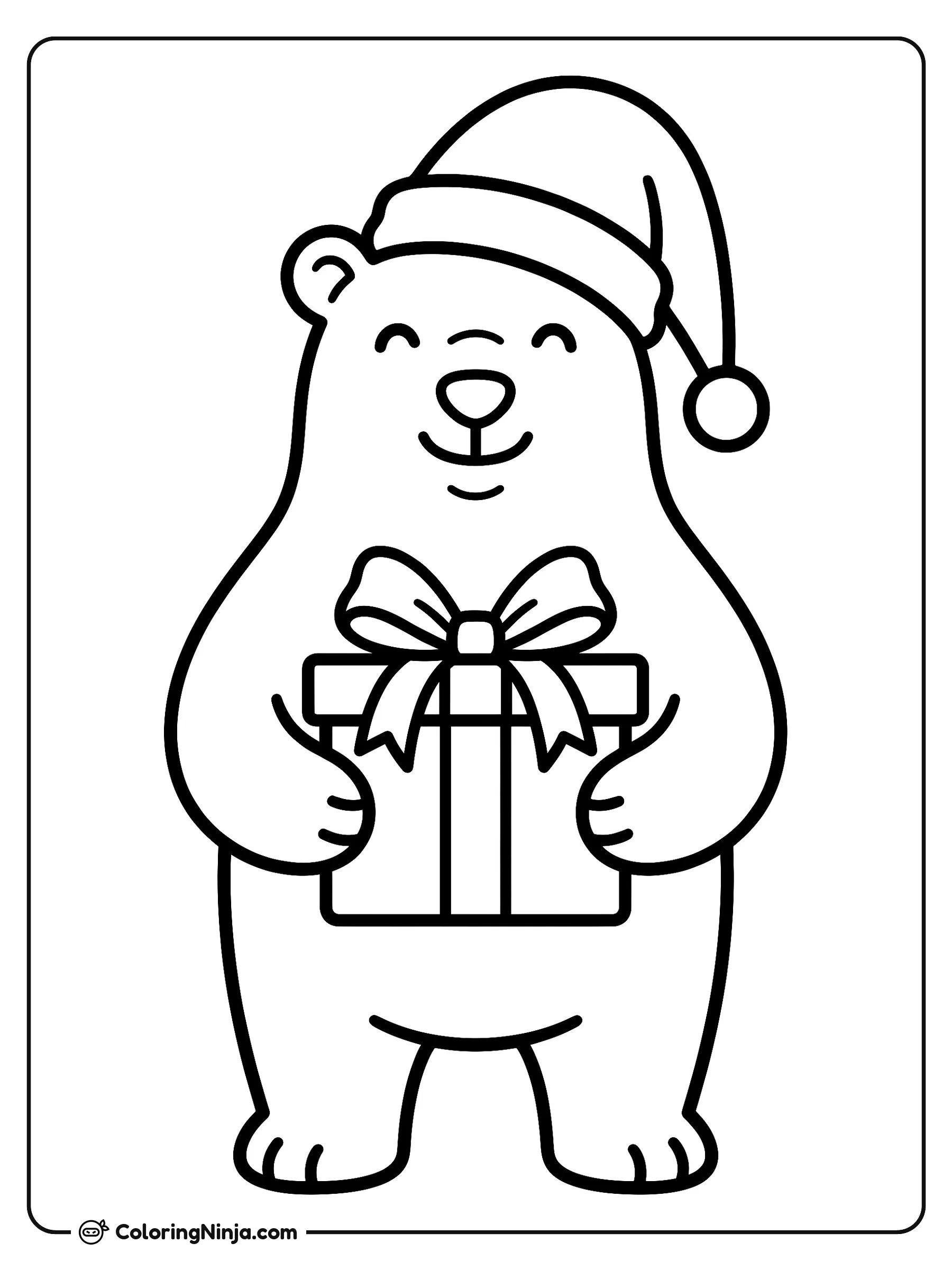 Oso Polar Navideño con Regalo, dibujo para colorear: Un alegre oso polar posa de pie mientras lleva un clásico gorro navideño y sostiene una gran caja de regalo decorada con un moño.