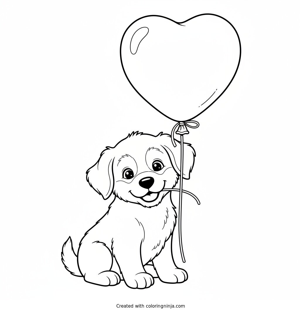Puppy with a Heart Balloon Coloring Page