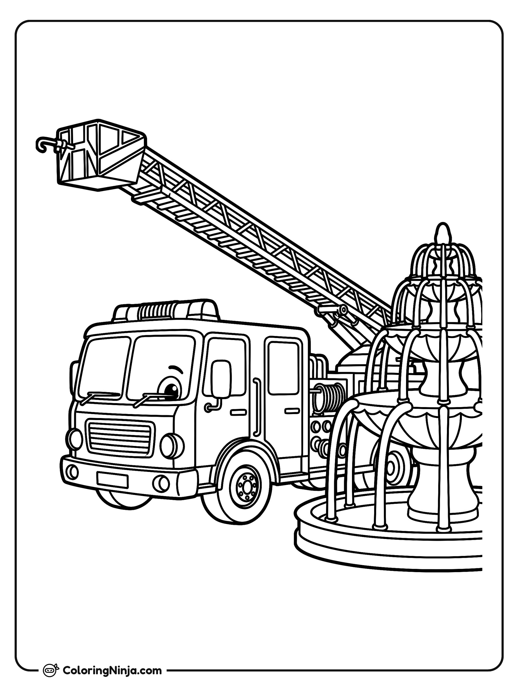 Camión de bomberos amigable junto a la fuente: dibujo para colorear