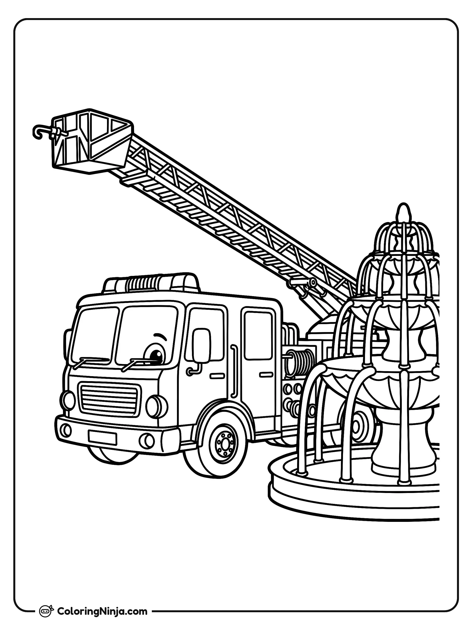 Camión de bomberos amigable junto a la fuente, dibujo para colorear: Un simpático camión de bomberos con carita sonriente extiende su gran escalera de rescate en el aire.