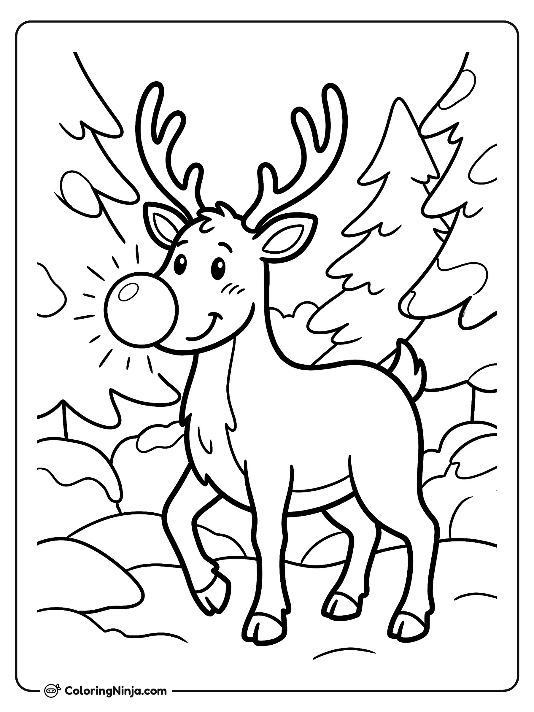 Reno con nariz brillante, dibujo para colorear: Un alegre reno con una gran nariz redonda camina por un claro del bosque rodeado de pinos y copos de nieve. Es una actividad divertida y de nivel intermedio, perfecta para niños de primaria.
