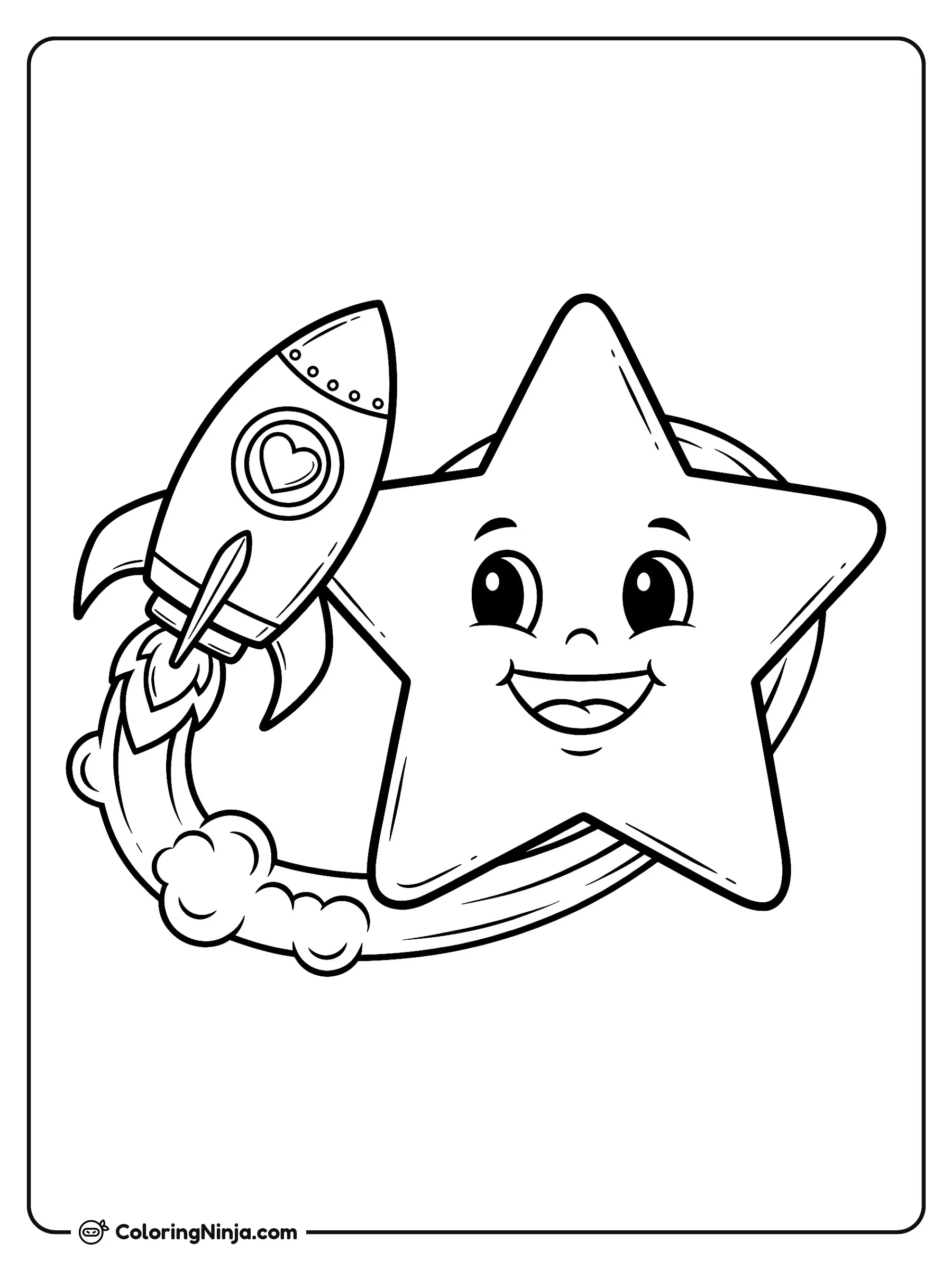Cohete espacial visitando una estrella, dibujo para colorear: Un alegre cohete decorado con un corazón vuela alrededor de una gran estrella sonriente en el espacio exterior.