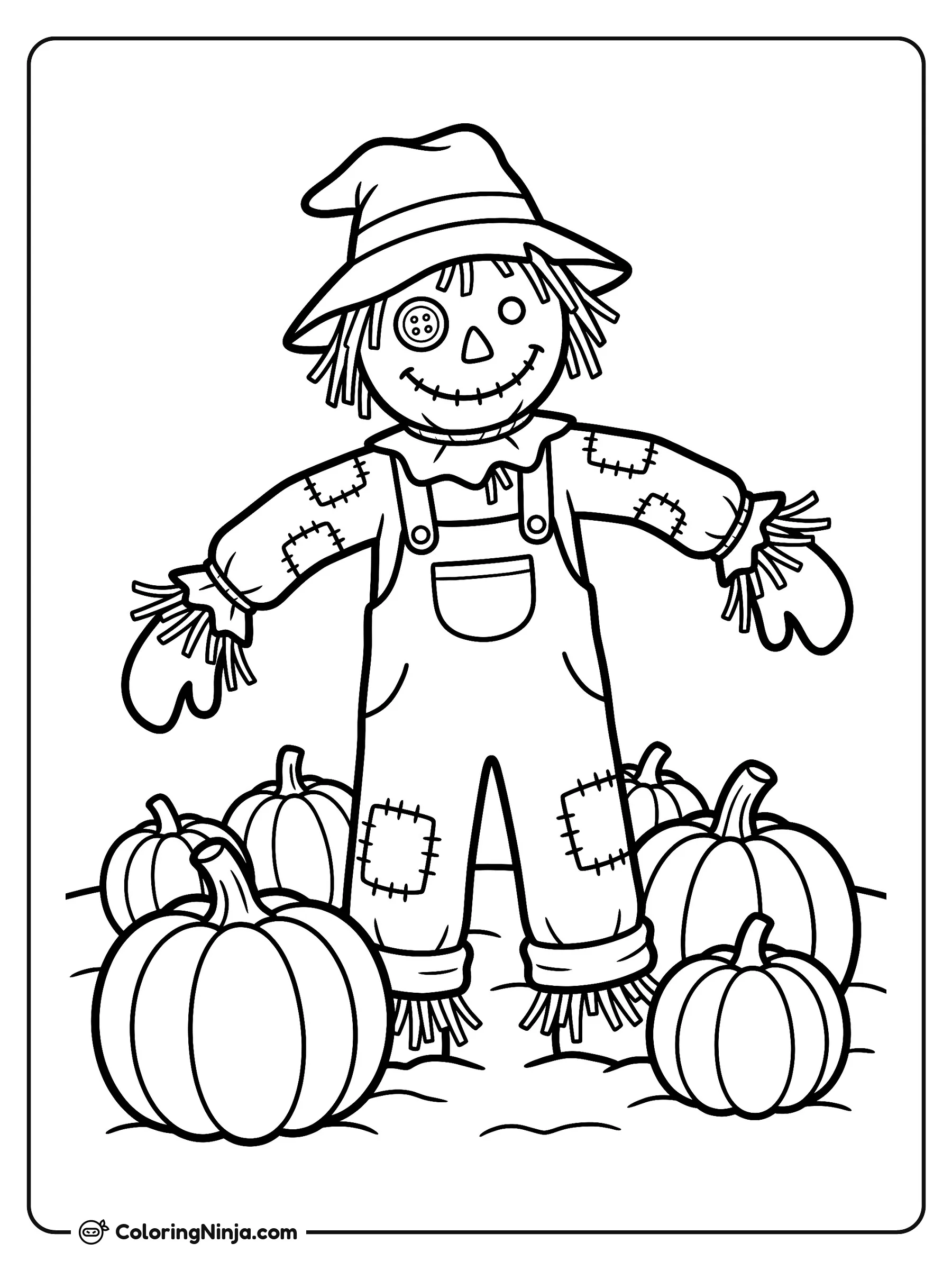 Espantapájaros amigable en el huerto, dibujo para colorear: Un lindo espantapájaros con los brazos abiertos se encuentra en medio de un huerto lleno de calabazas.
