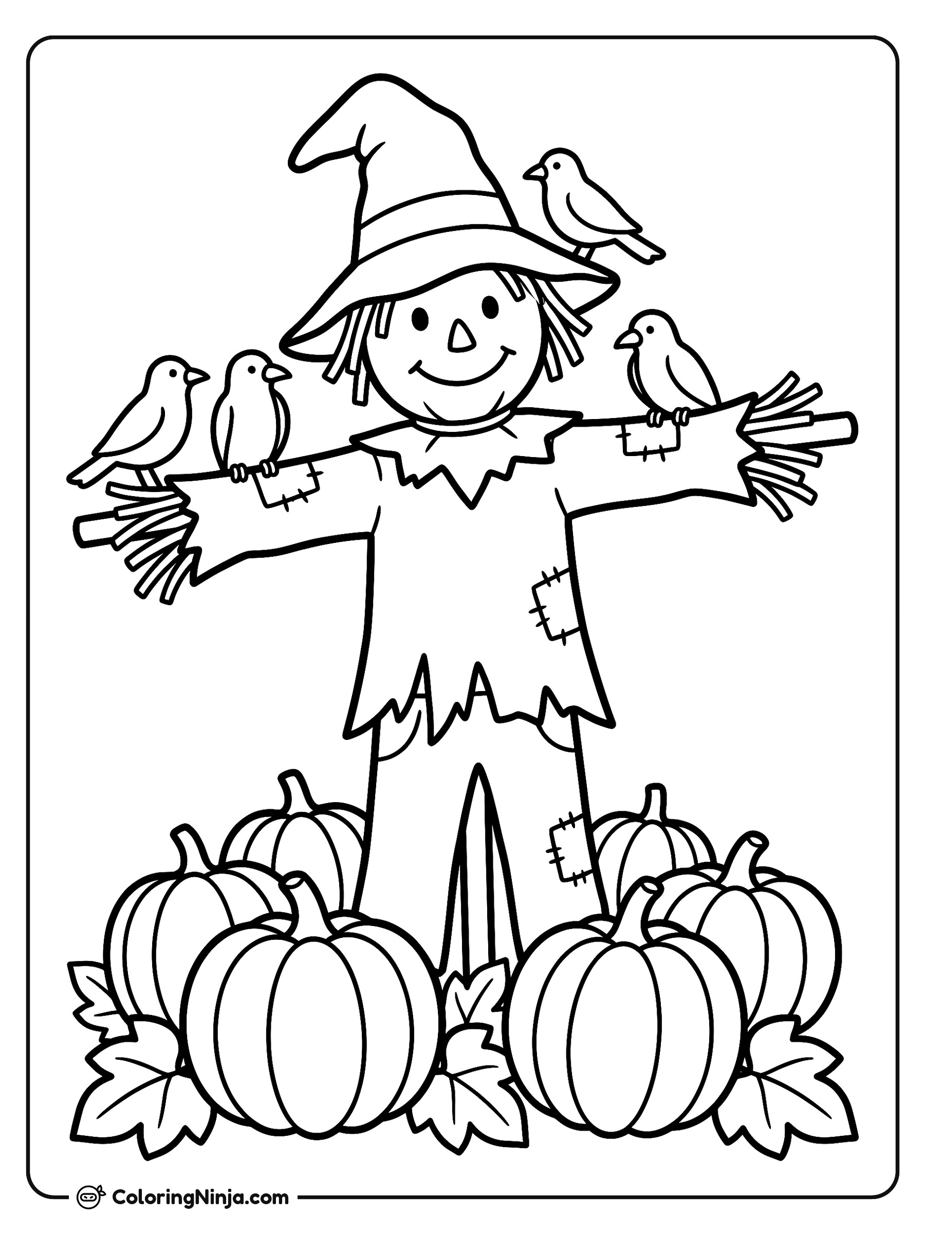 Espantapájaros amigable en el huerto de calabazas: dibujo para colorear