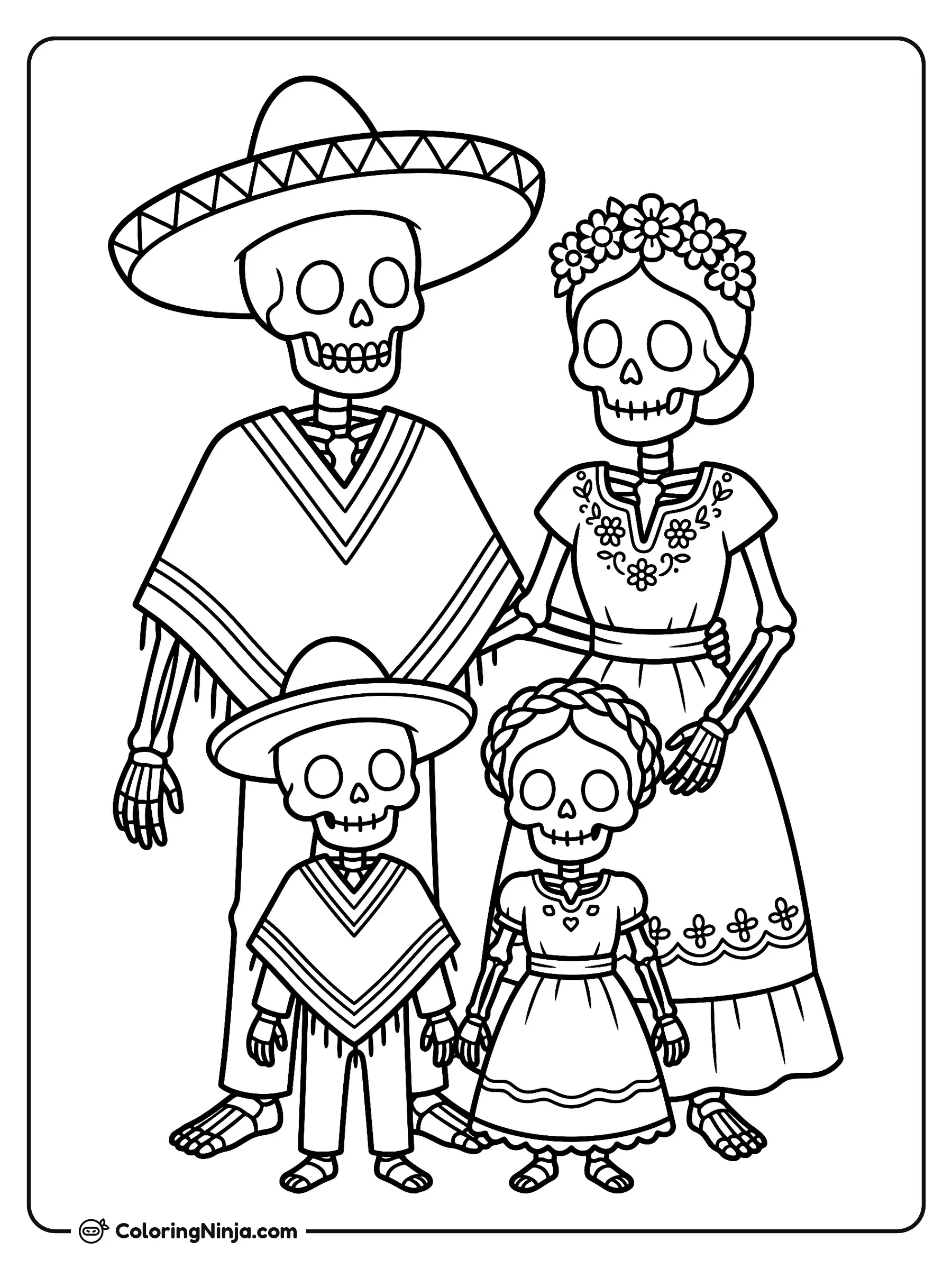Retrato festivo de familia esqueleto, dibujo para colorear: Esta ilustración presenta a una alegre familia de esqueletos compuesta por los padres y dos hijos luciendo ropa tradicional festiva.