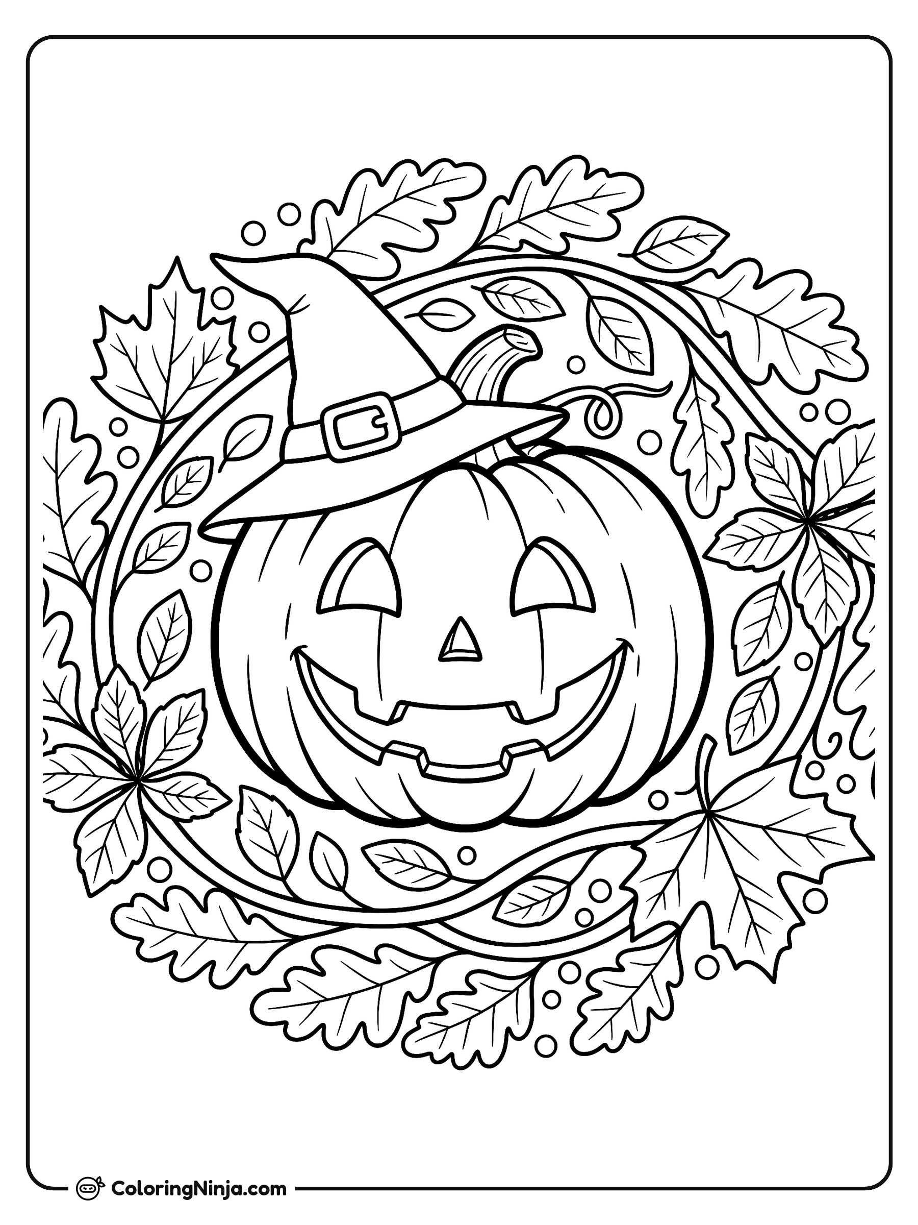 Calabaza sonriente en corona de hojas: dibujo para colorear