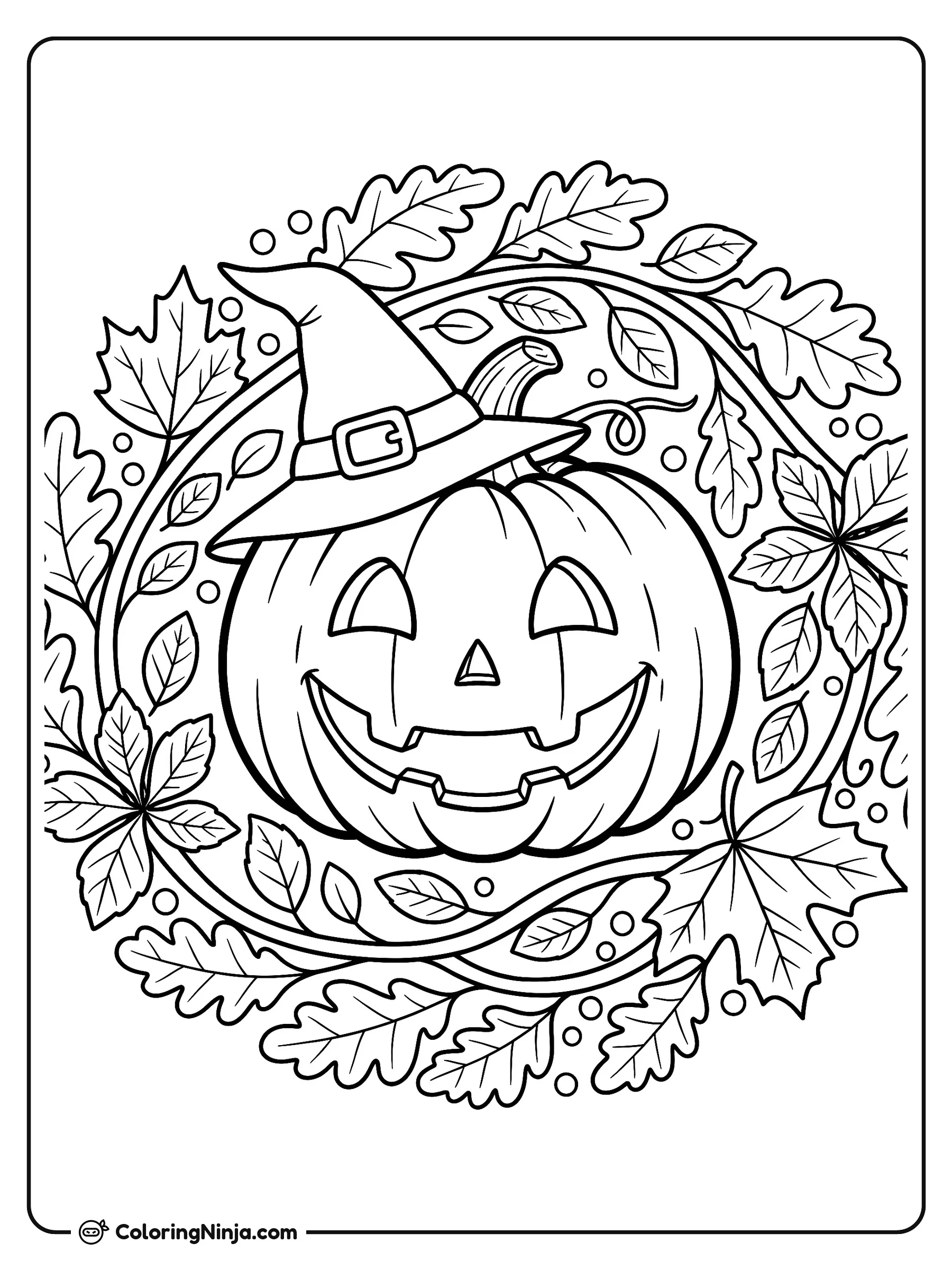 Calabaza sonriente en corona de hojas, dibujo para colorear: Una alegre calabaza de Halloween lleva un sombrero de bruja clásico en el centro de una corona otoñal. La composición incluye variadas hojas de otoño, enredaderas y pequeñas bayas.