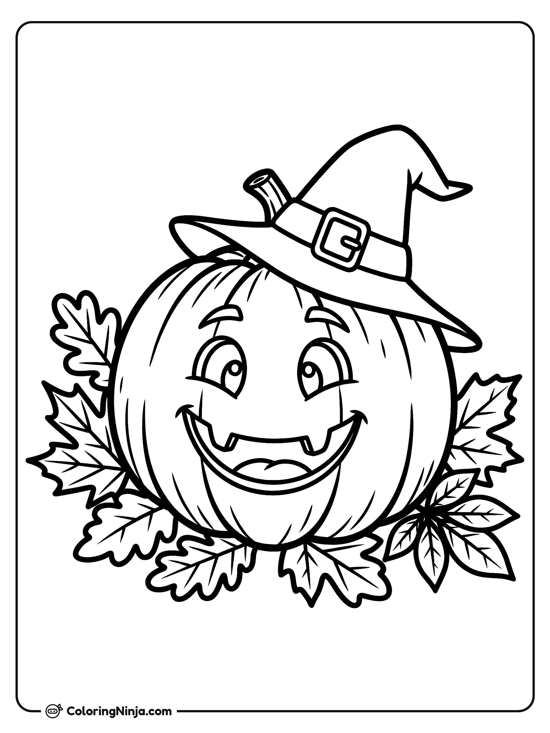 La Calabaza Sonriente de Halloween, dibujo para colorear: Una simpática calabaza sonriente descansa feliz sobre un lecho de hojas secas de otoño. Lleva puesto un sombrero de bruja puntiagudo con hebilla, ligeramente inclinado hacia un lado.