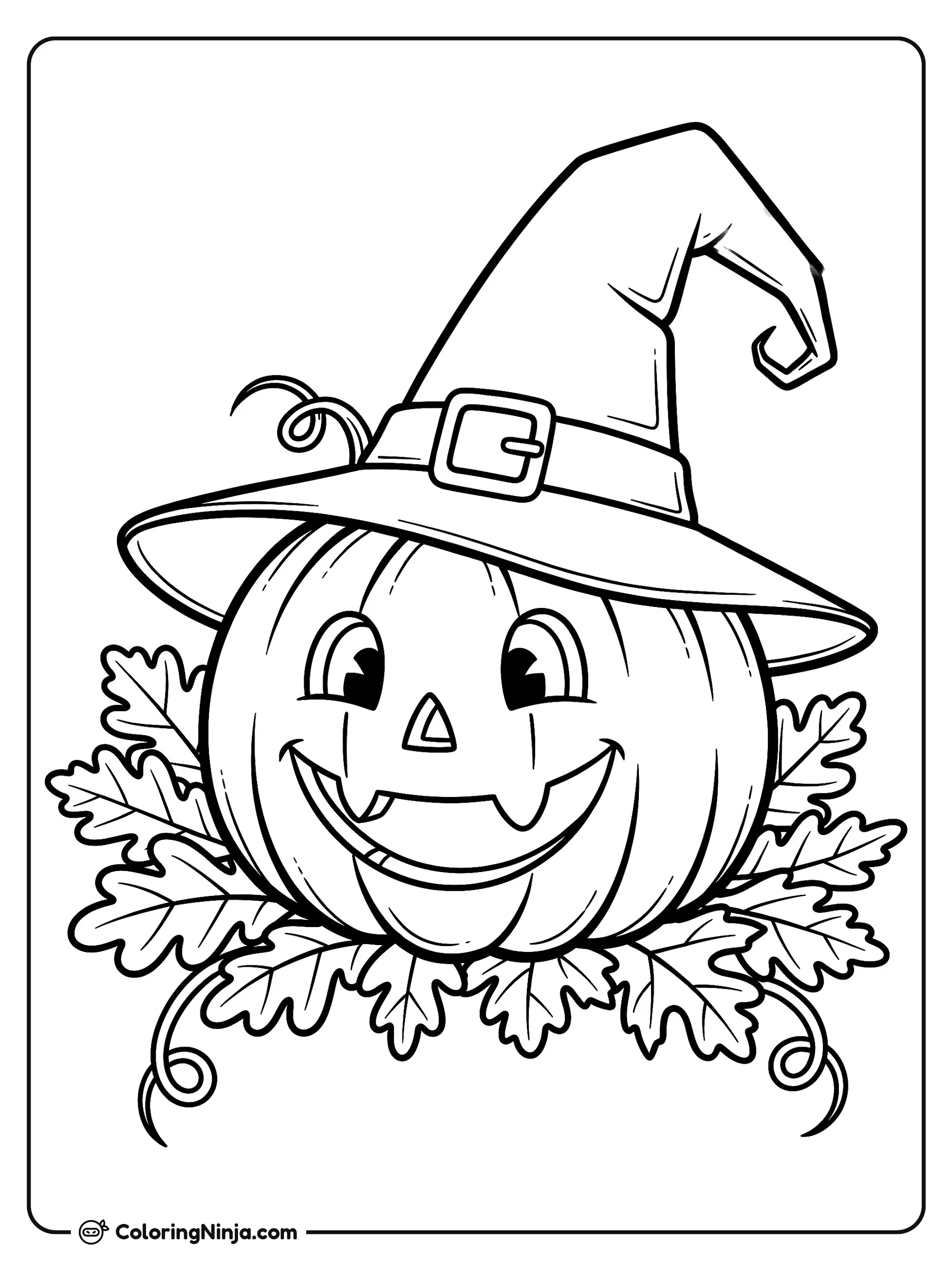 Calabaza sonriente con sombrero de bruja, dibujo para colorear: Una alegre calabaza sonriente lleva puesto un sombrero de bruja puntiagudo con una bonita hebilla. A su alrededor hay hojas de roble y enredaderas que crean una acogedora escena otoñal.