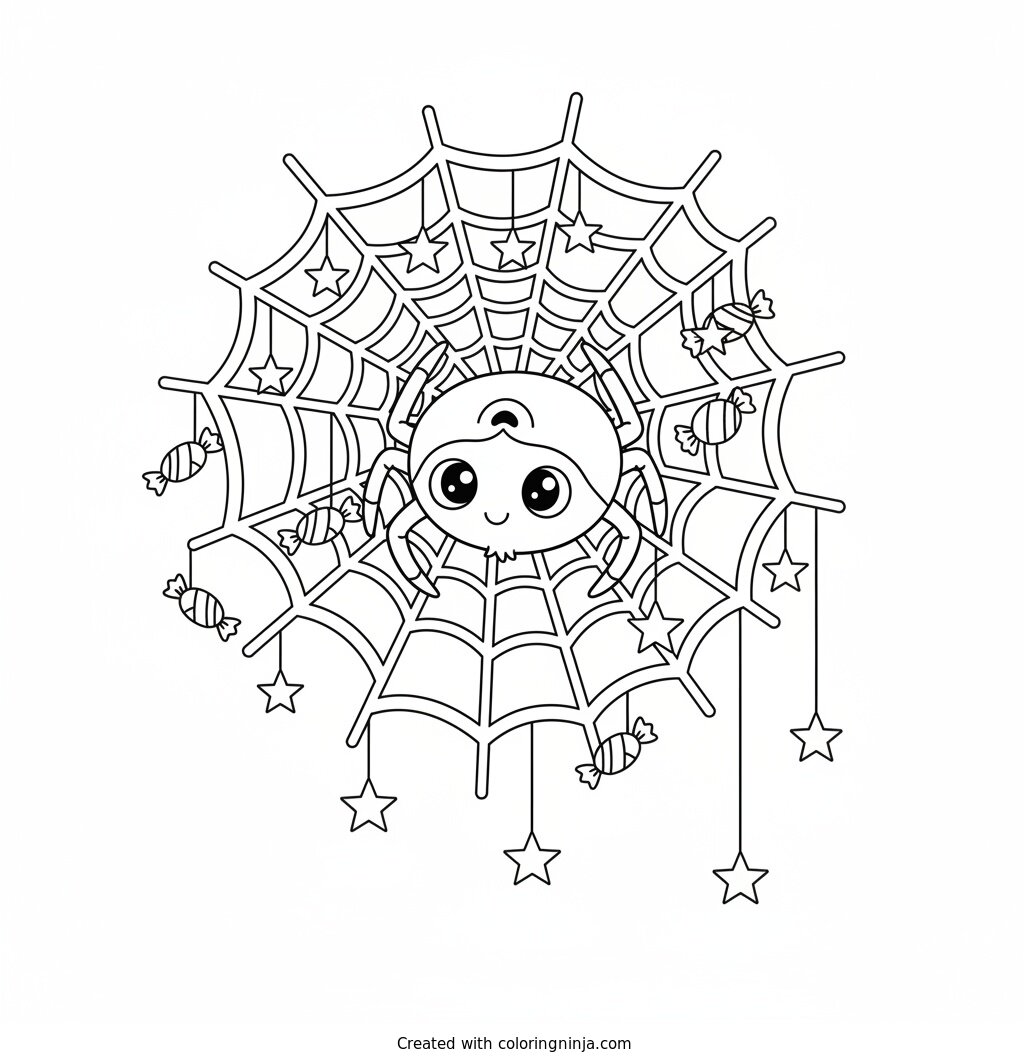 Playful Spider in a Web Coloring Page