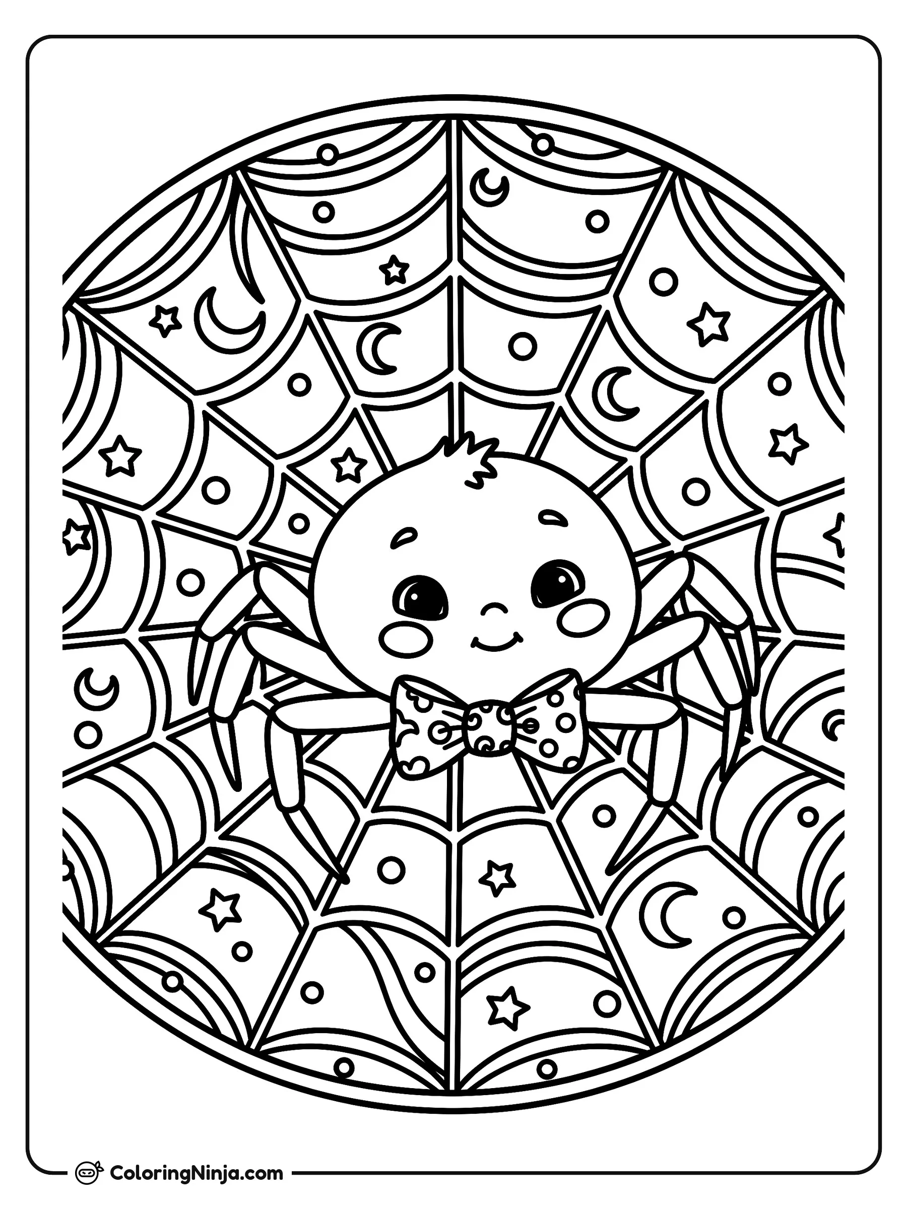 Araña tejiendo su telaraña de Halloween, dibujo para colorear: Una alegre arañita con un moño a lunares descansa en el centro de una gran telaraña circular.