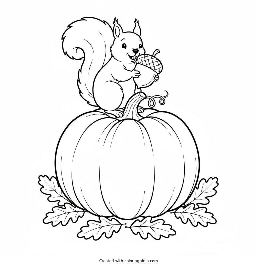 Happy Squirrel and Big Pumpkin Coloring Page