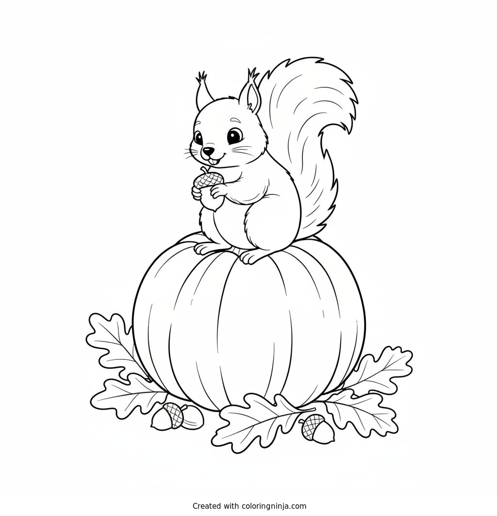 Autumn Squirrel on a Pumpkin Coloring Page