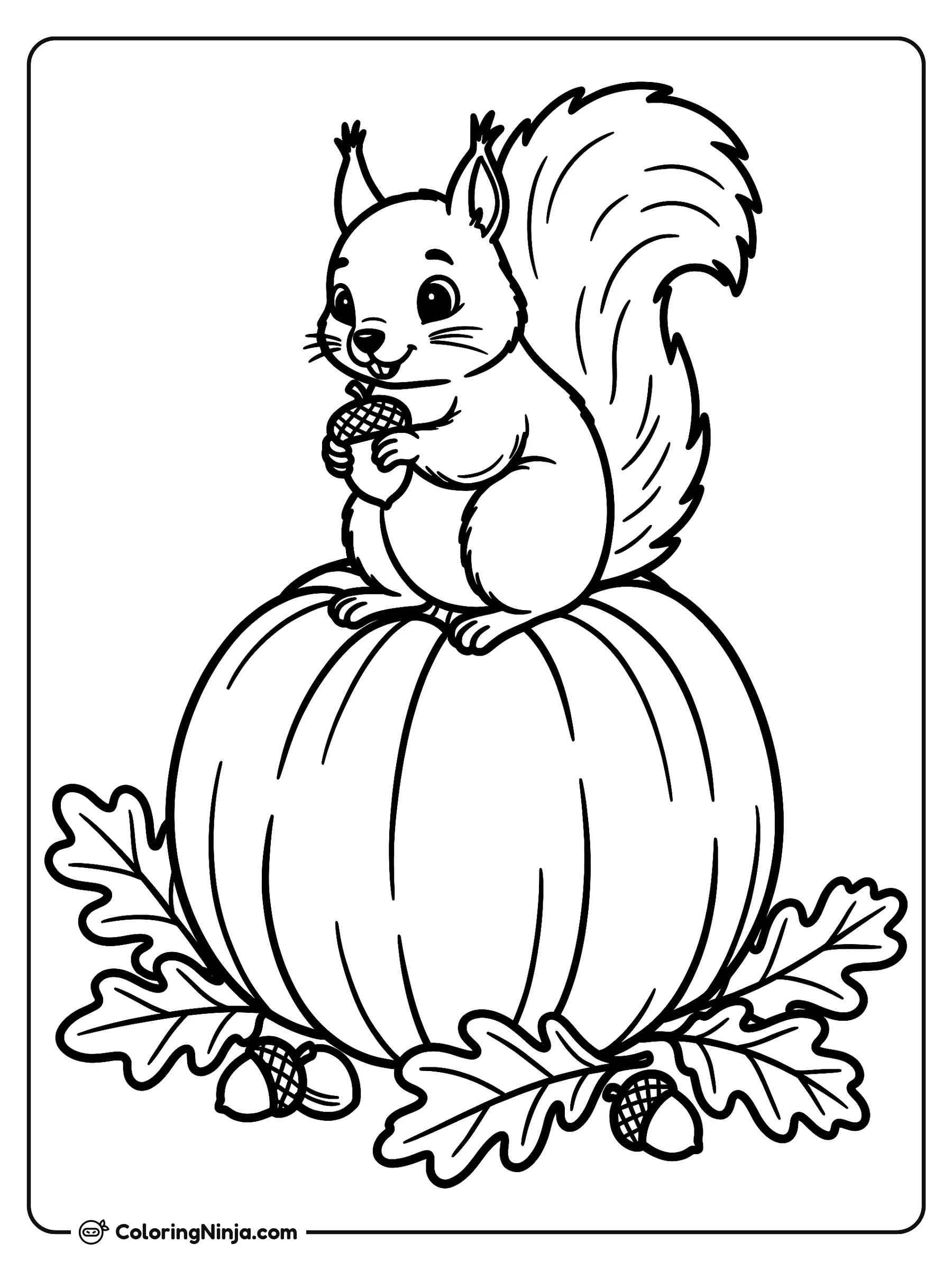 Ardilla otoñale sobre una calabaza, dibujo para colorear: Una alegre ardilla descansa sobre una gran calabaza redonda mientras sostiene una bellota entre sus patas. A su alrededor hay varias hojas de roble y más bellotas esparcidas.
