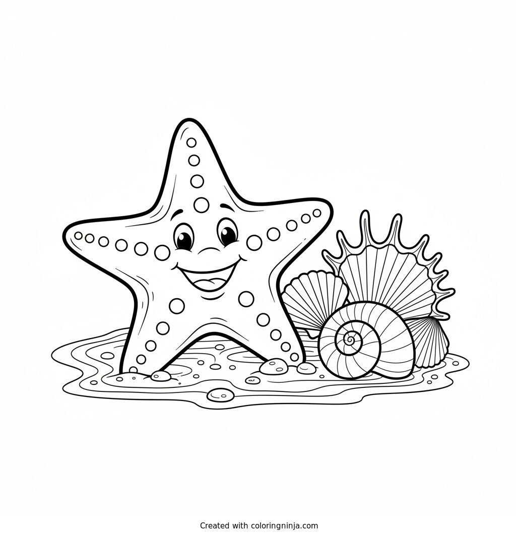 Smiling Starfish on the Beach Coloring Page