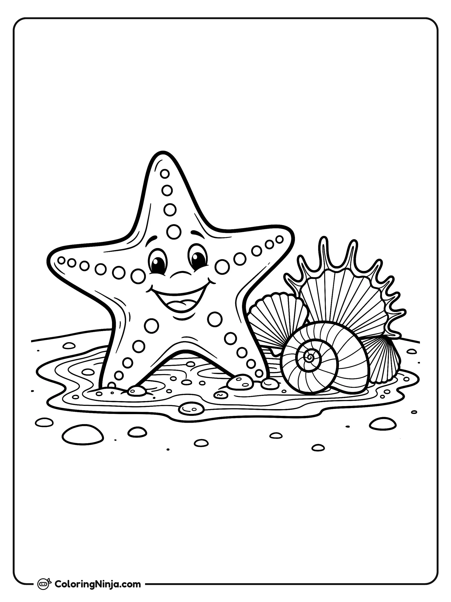 Estrella de mar sonriente en la playa, dibujo para colorear: Una alegre estrella de mar descansa en una pozo de marea junto a varias conchas marinas detalladas en la orilla.