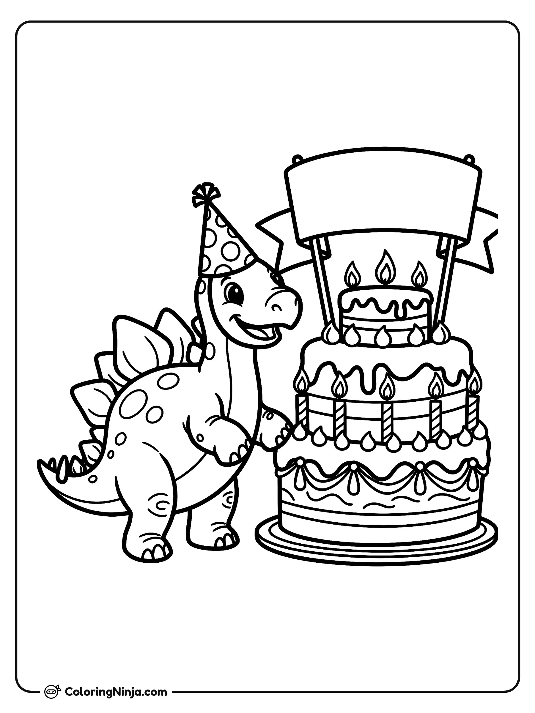 Estegosaurio en una fiesta de cumpleaños, dibujo para colorear: Un alegre estegosaurio con gorro de fiesta posa junto a un gran pastel de cumpleaños de varios pisos.