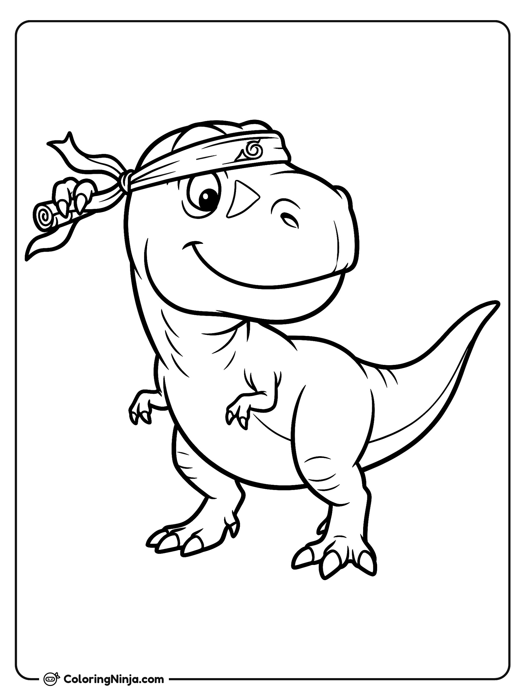 Dinosaurio ninja acomodando su cinta: dibujo para colorear