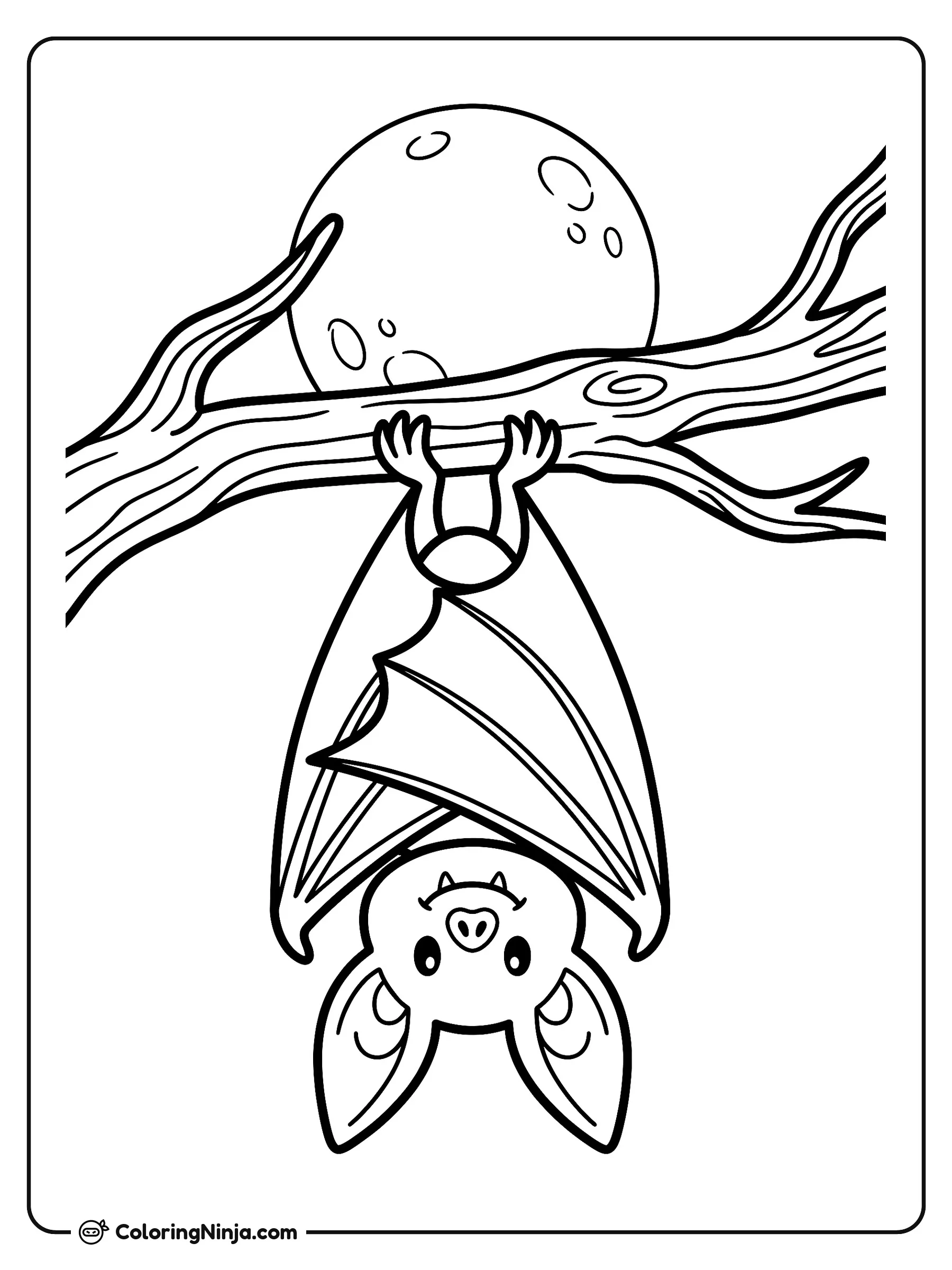 Murciélago nocturno bajo la luna, dibujo para colorear: Un amigable murciélago cuelga boca abajo de la rama de un árbol frente a una gran luna llena. El murciélago se envuelve con sus alas y muestra un rostro alegre con pequeños colmillos.