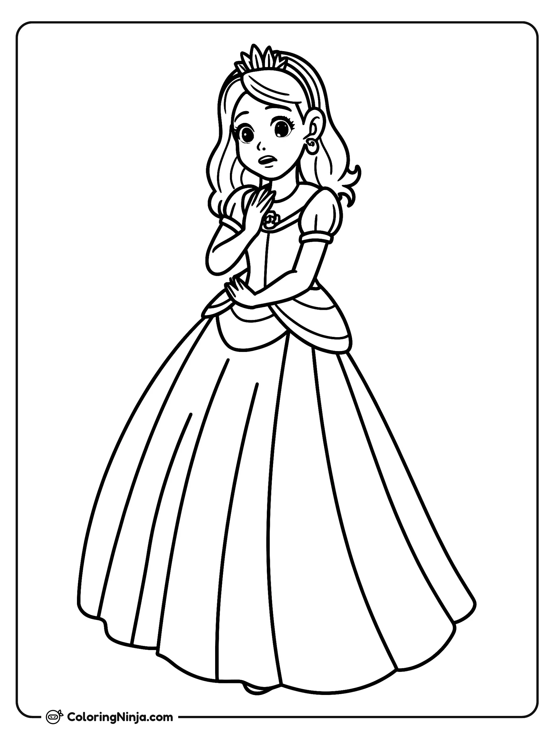 La princesa anime asustada, dibujo para colorear: La princesa anime asustada muestra grandes ojos preocupados y una expresión de sorpresa en el rostro.