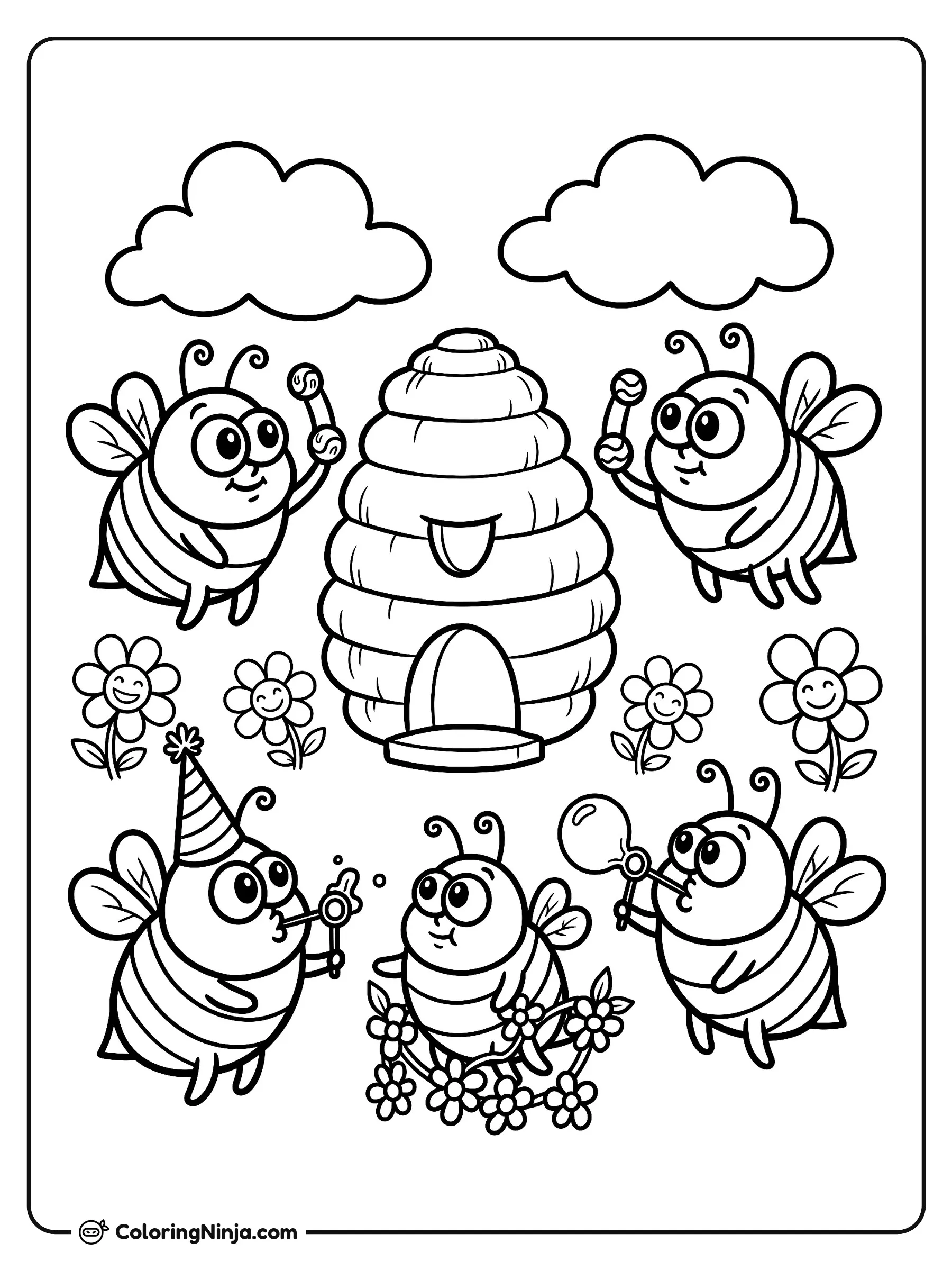 Abejas divertidas alrededor de su colmena, dibujo para colorear: Cinco abejas muy alegres se divierten cerca de una gran colmena rodeada de flores sonrientes y nubes esponjosas.
