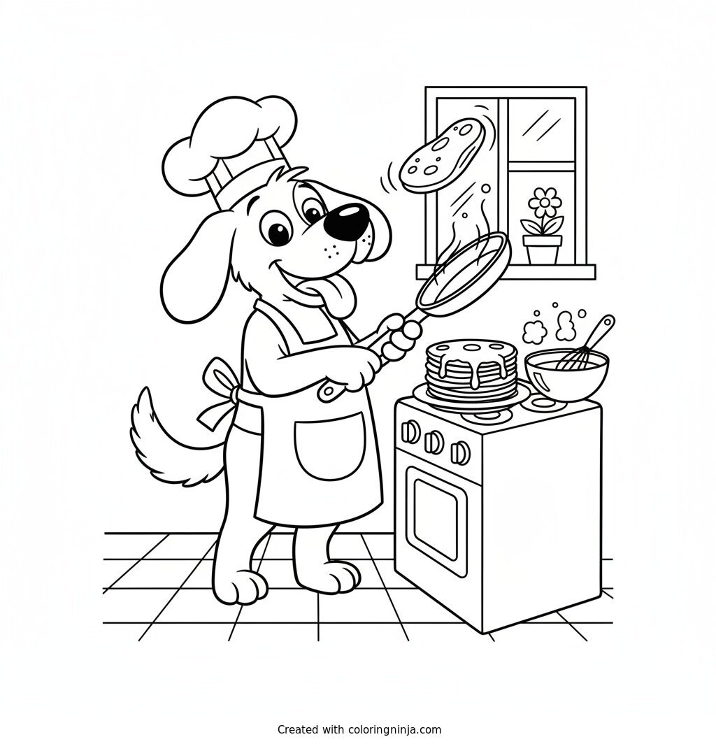 Funny Dog Making Pancakes Coloring Page