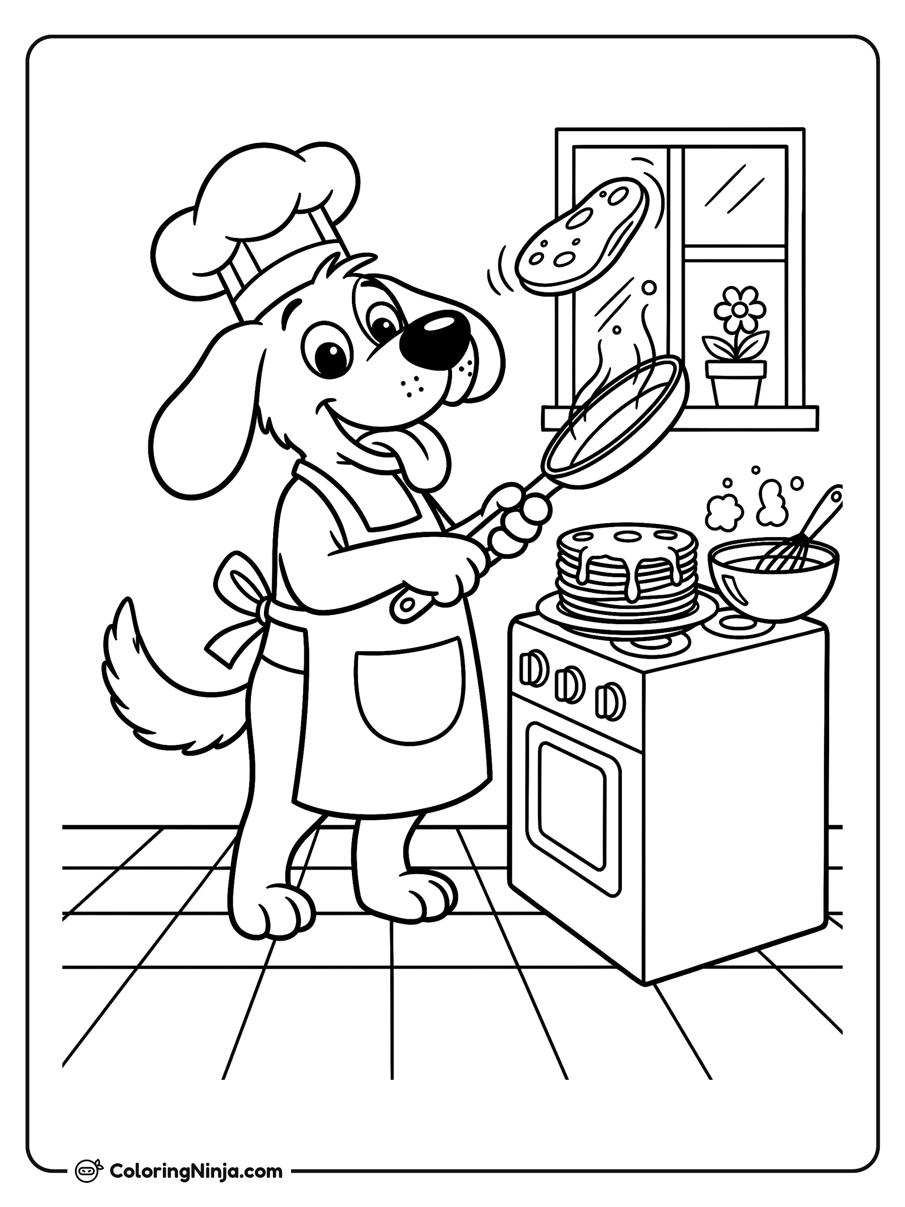 Perro divertido preparando panqueques: dibujo para colorear