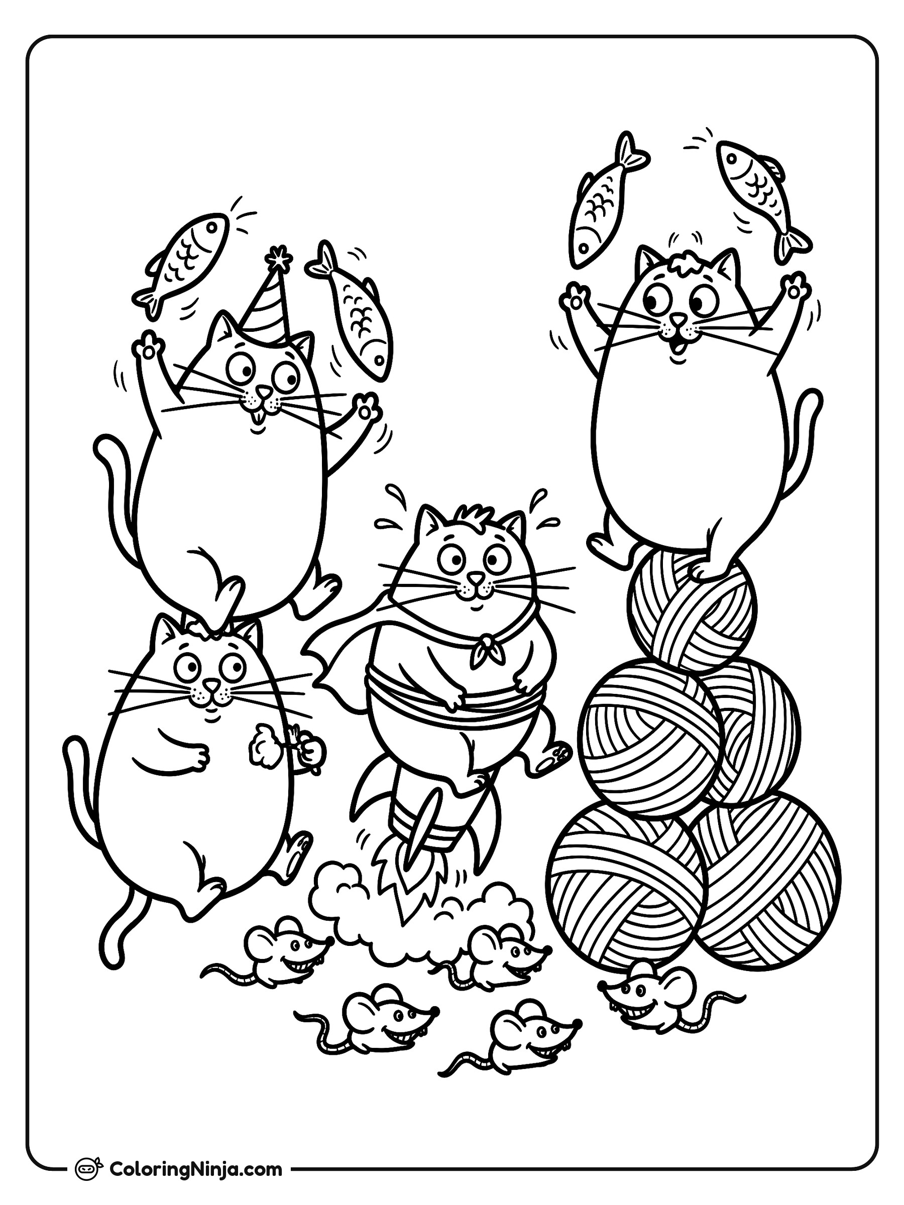 Gatos divertidos jugando y volando: dibujo para colorear