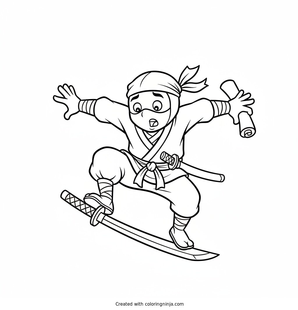 Coloring page of Funny clumsy ninja tripping over his own sword