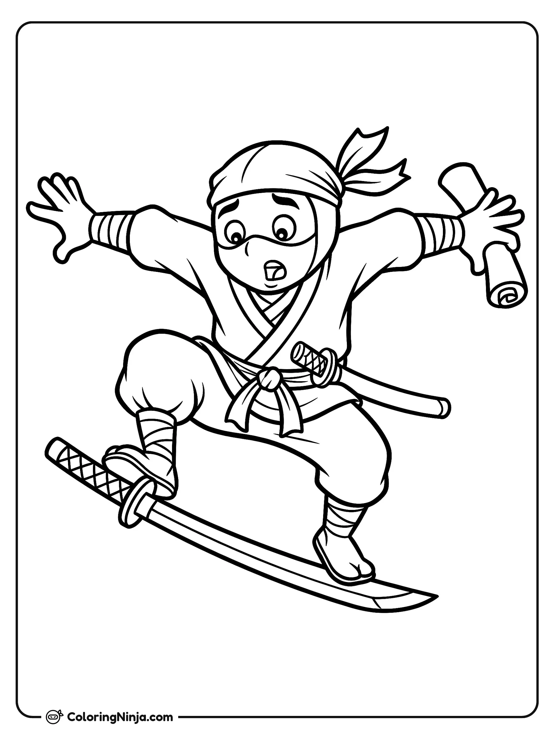Ninja torpe tropezando con su espada, dibujo para colorear: Un divertido ninja salta por el aire con cara de sorpresa mientras tropieza con su propia espada larga y sostiene un pergamino.